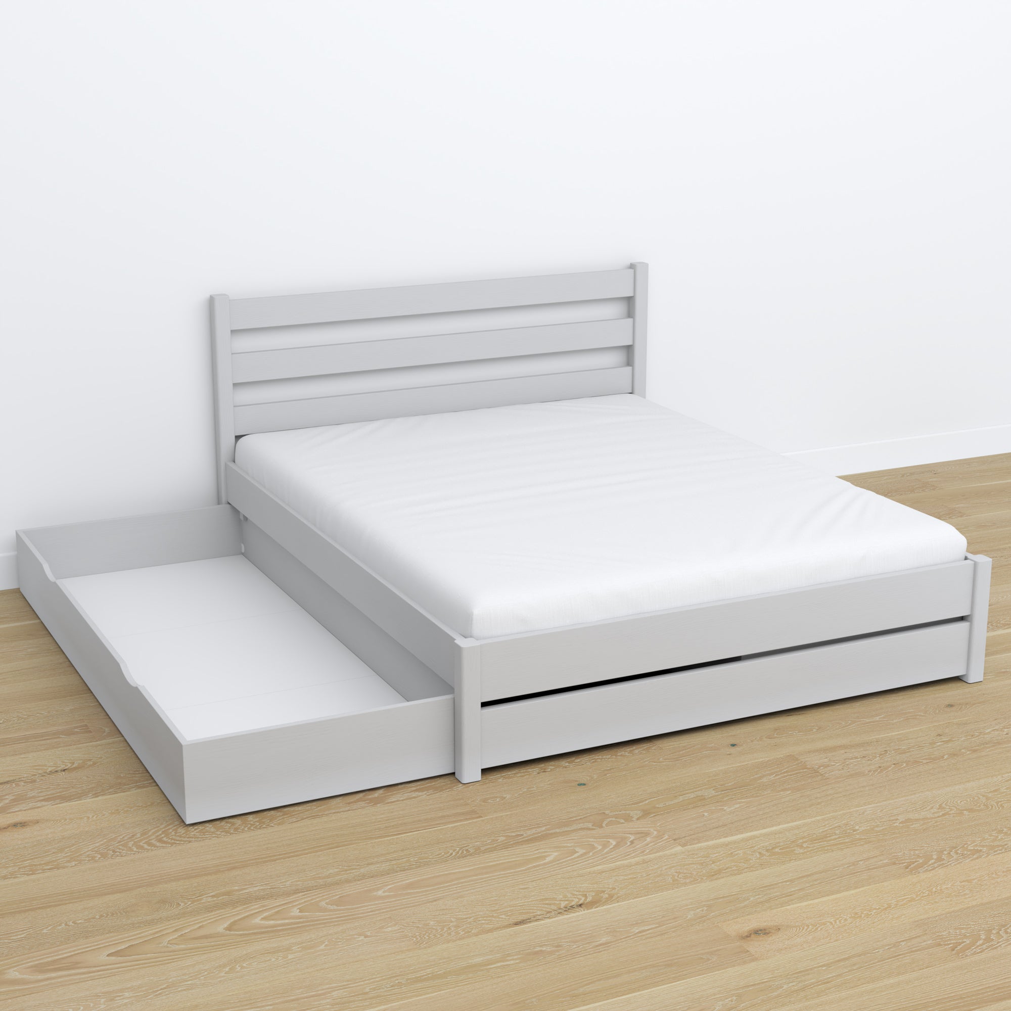 Letto matrimoniale con cassetto in legno grigio – cassetto aperto, capiente ambiente