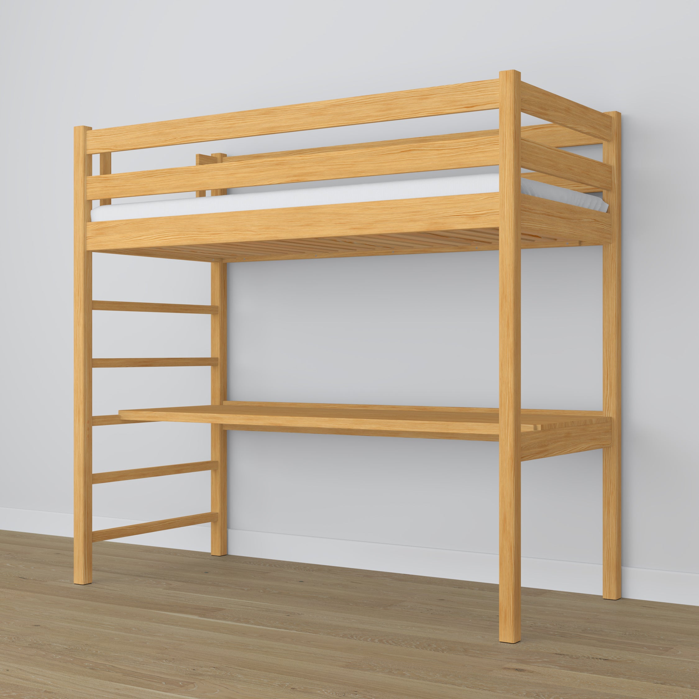 Natural Pine Wooden Loft Bed with Desk – Frame and Slats, Nizio