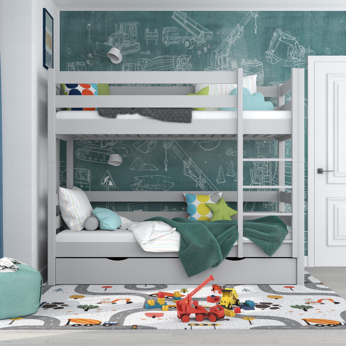 Letto a castello grigio con cassetto – sponda e scala in legno, Nizio