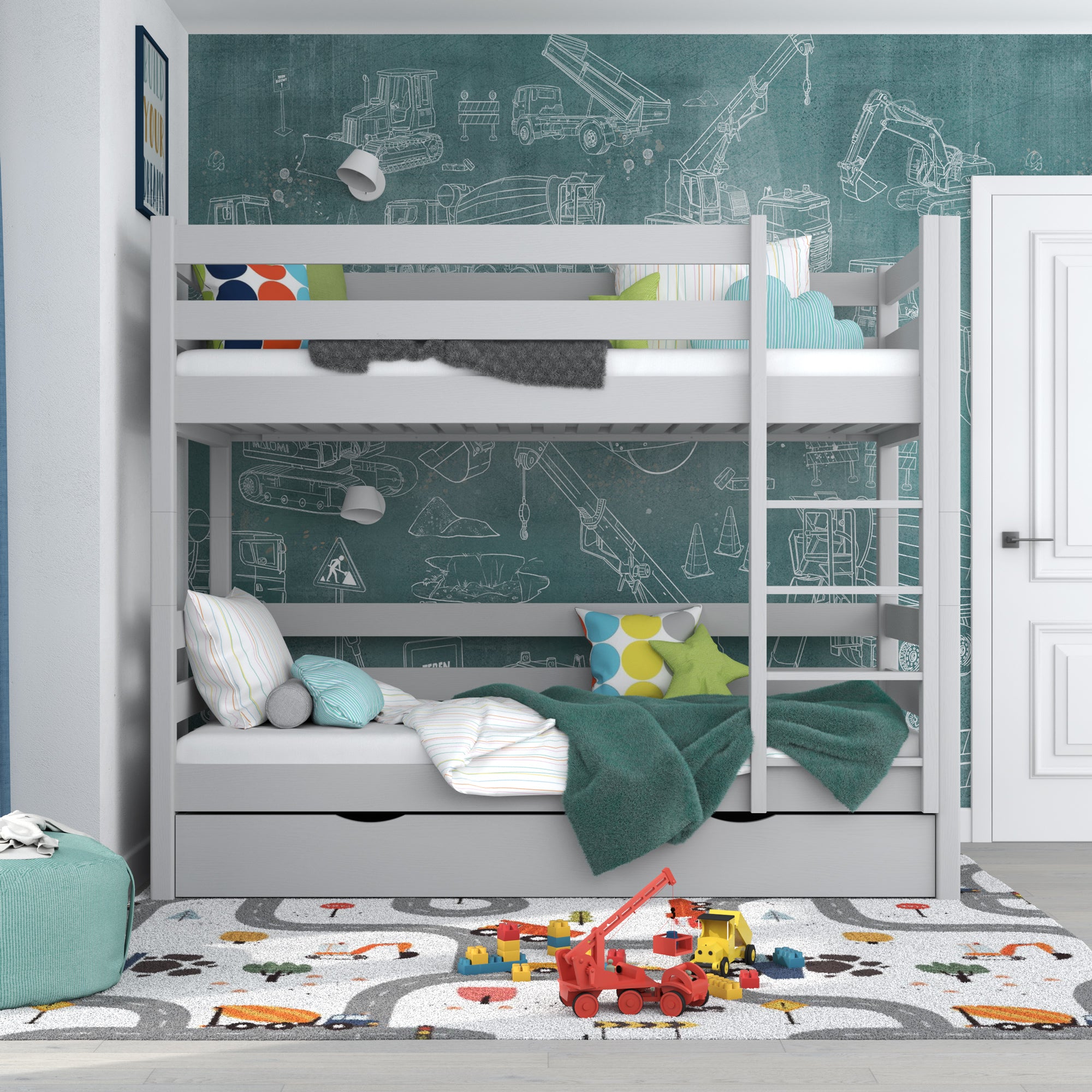 Letto a castello grigio con cassetto – sponda e scala in legno, Nizio