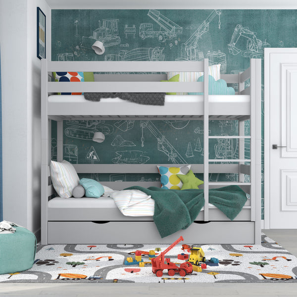 Grey Bunk Bed with Drawer – Wooden Safety Rail and Ladder, Nizio