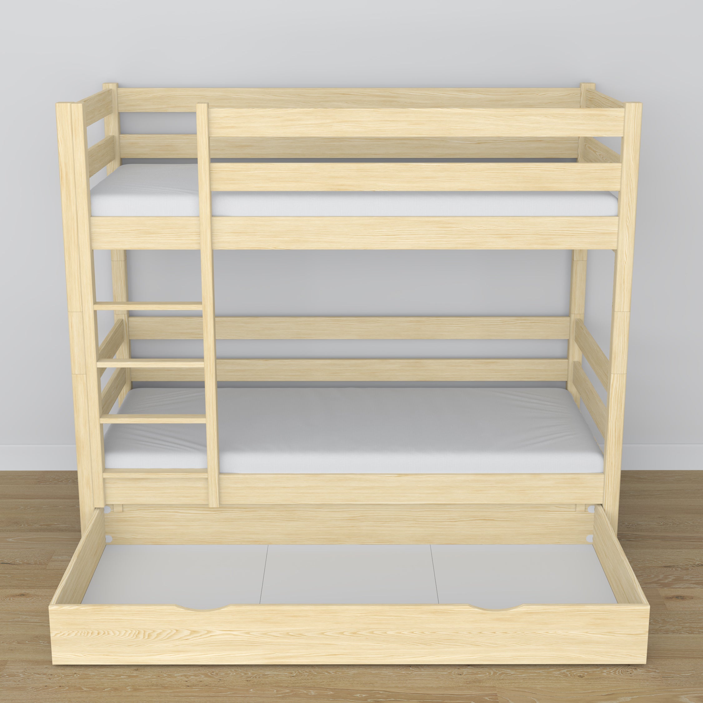Letto a castello in legno pino trasparente con cassetto – dimensioni e schema, Nizio