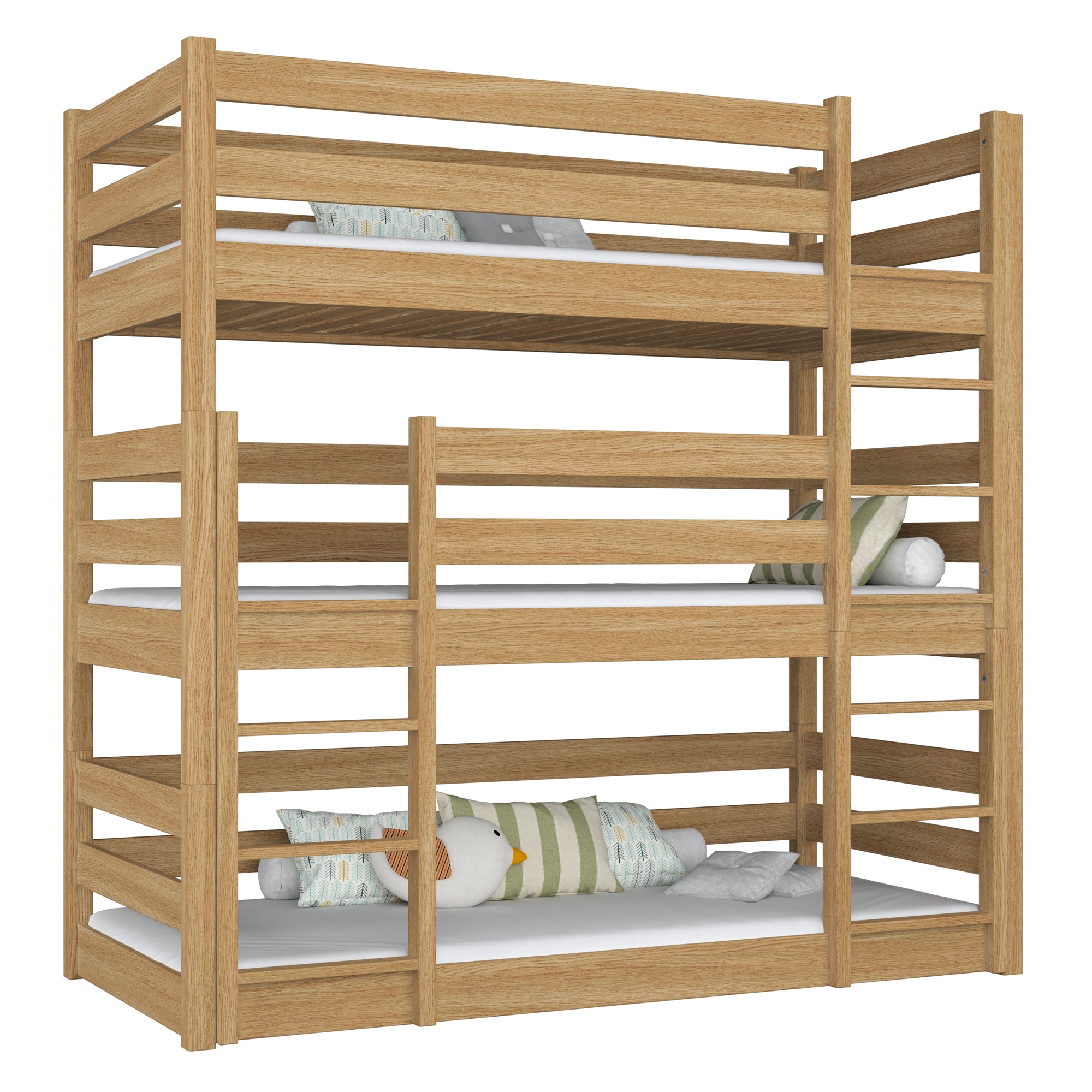 Letto 3-a castello in legno quercia naturale – trzy spazio per dormire, stanza per bambini scandi