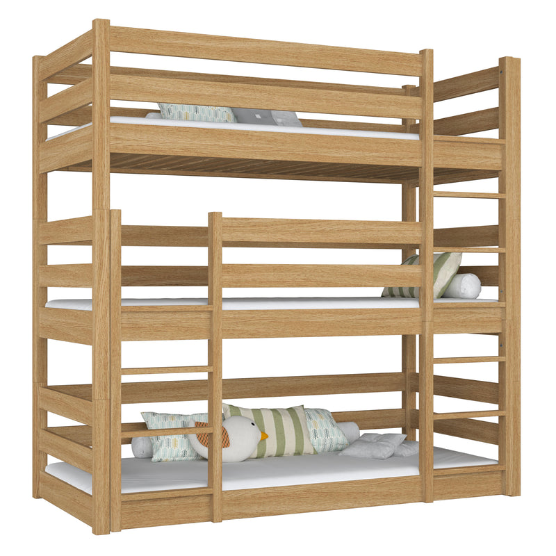 Letto 3-a castello in legno quercia naturale – trzy spazio per dormire, stanza per bambini scandi