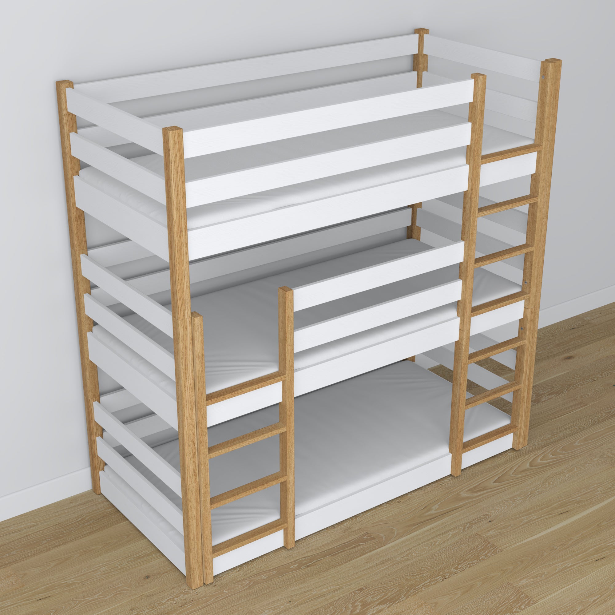 Letto 3-a castello in legno bianco con quercia – maksymalne wykorzystanie spazio nella stanza