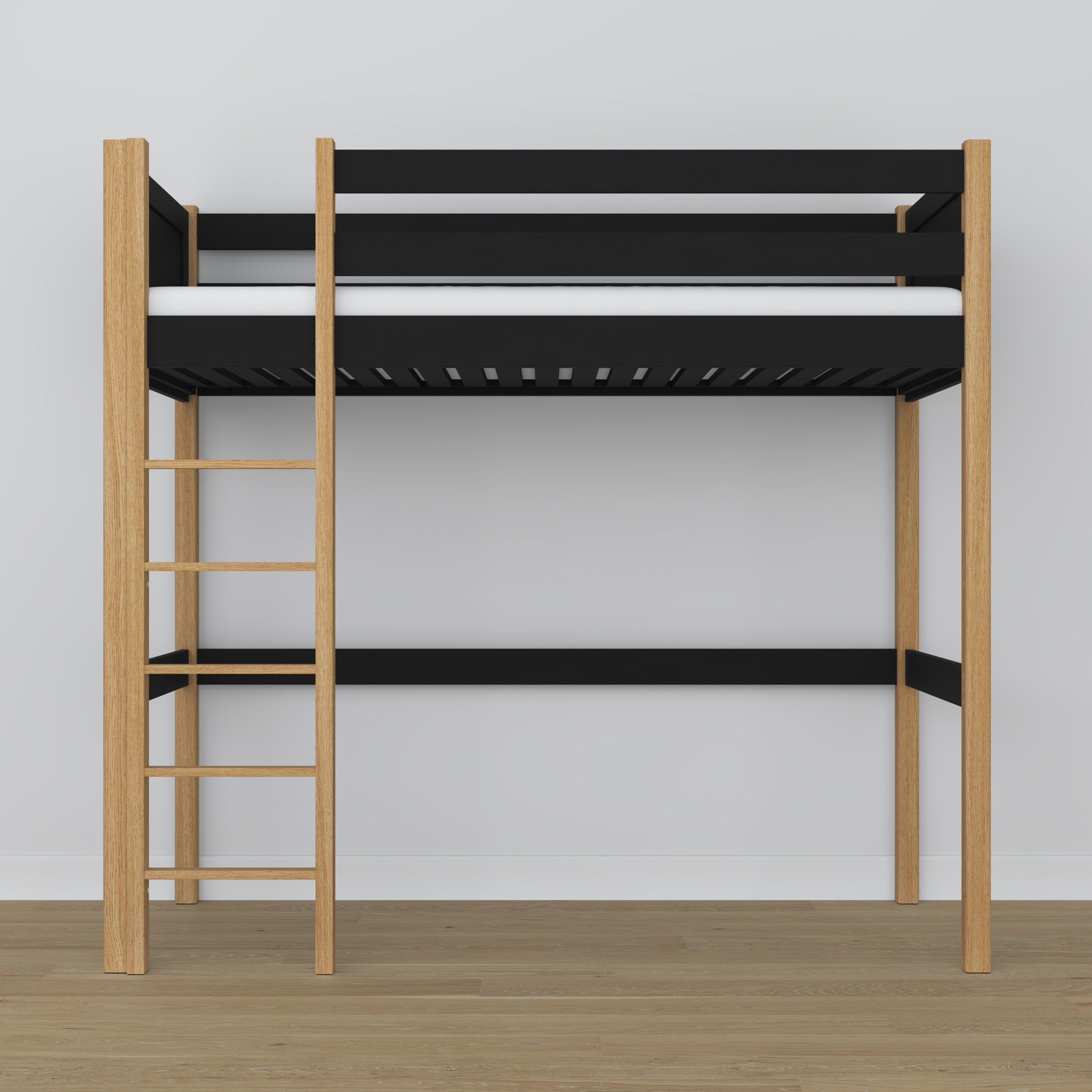 Loft bed black/oak – wooden ladder and safety rail, Nizio Home