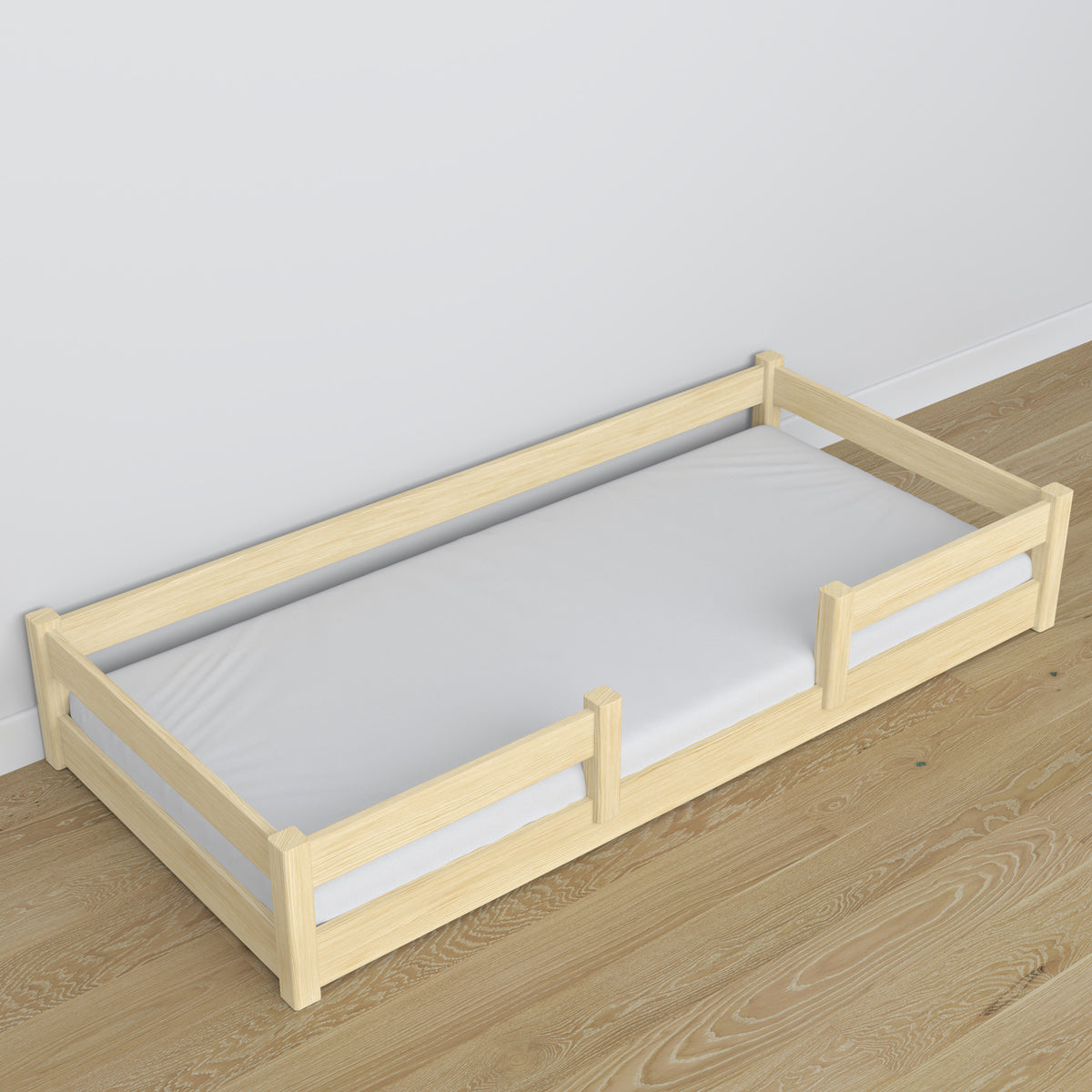 Letto basso in legno pino trasparente – cornice bassa, vista laterale, camera da letto stile scandi