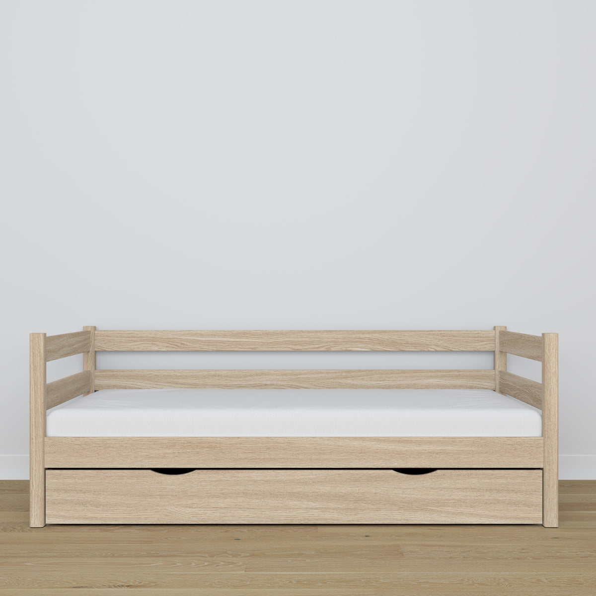 Bleached oak sofa bed with drawer made of oak – dimensions and diagram, Nizio