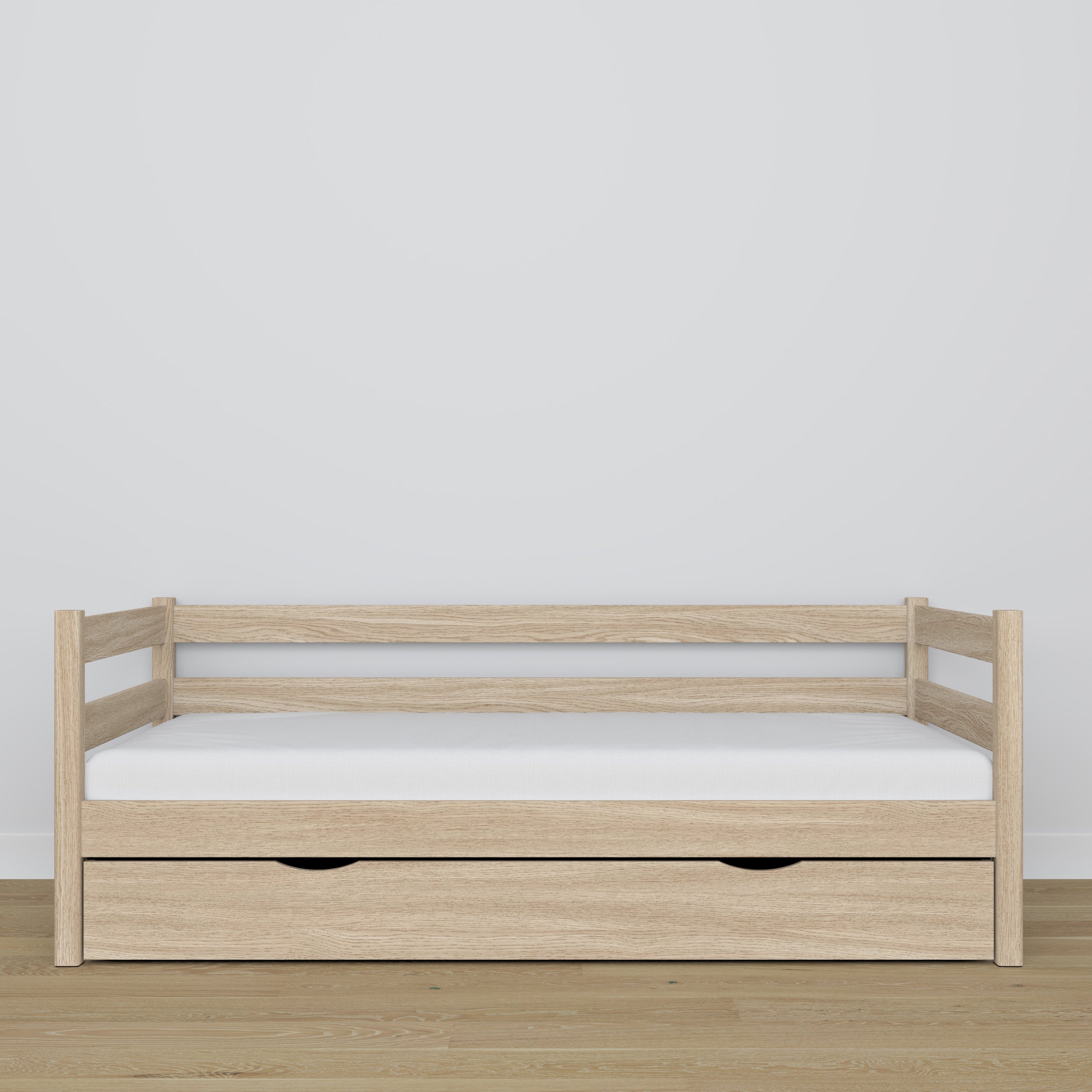Bleached oak sofa bed with drawer made of oak – dimensions and diagram, Nizio