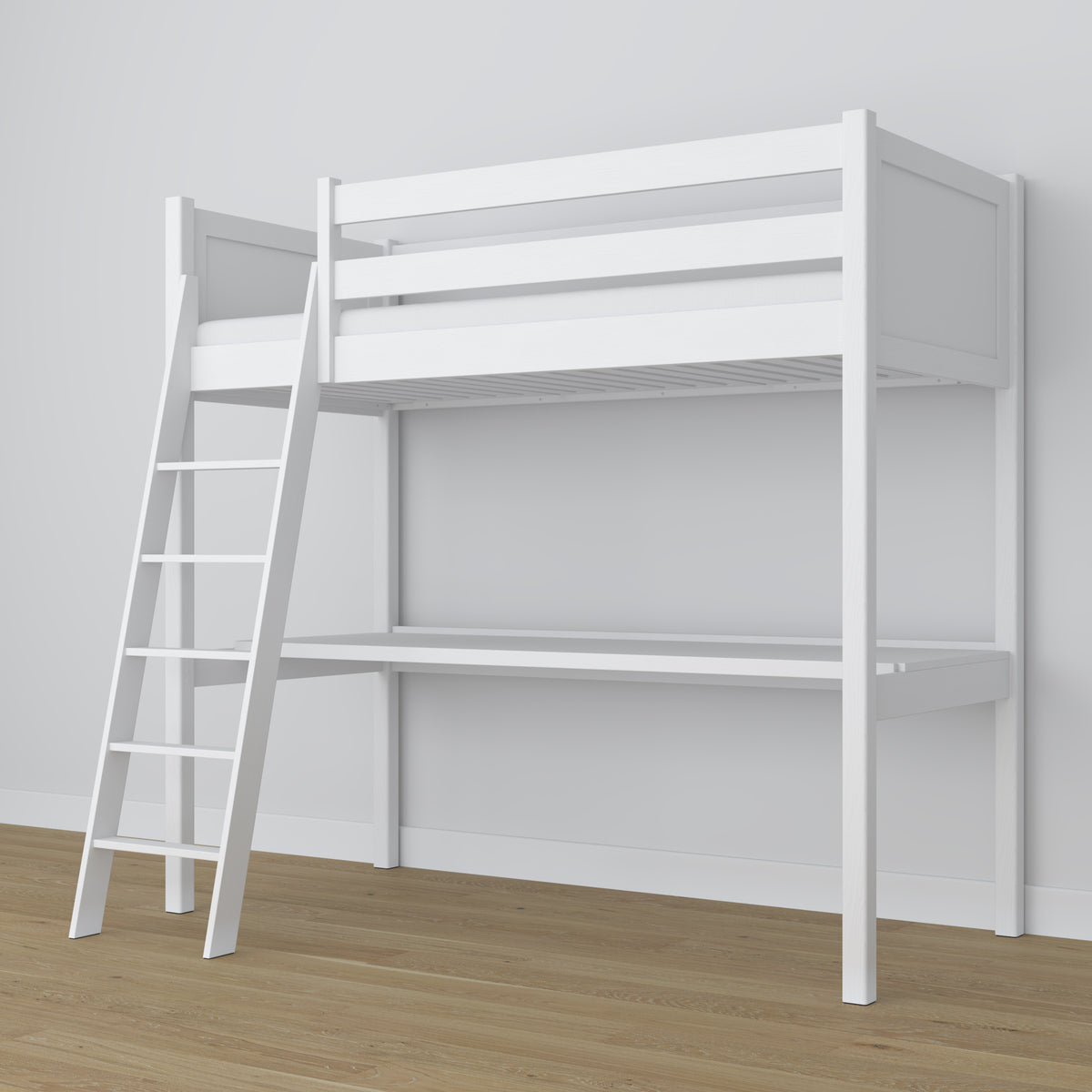 Letto a soppalco con scrivania in legno bianco – scala e sponda di protezione