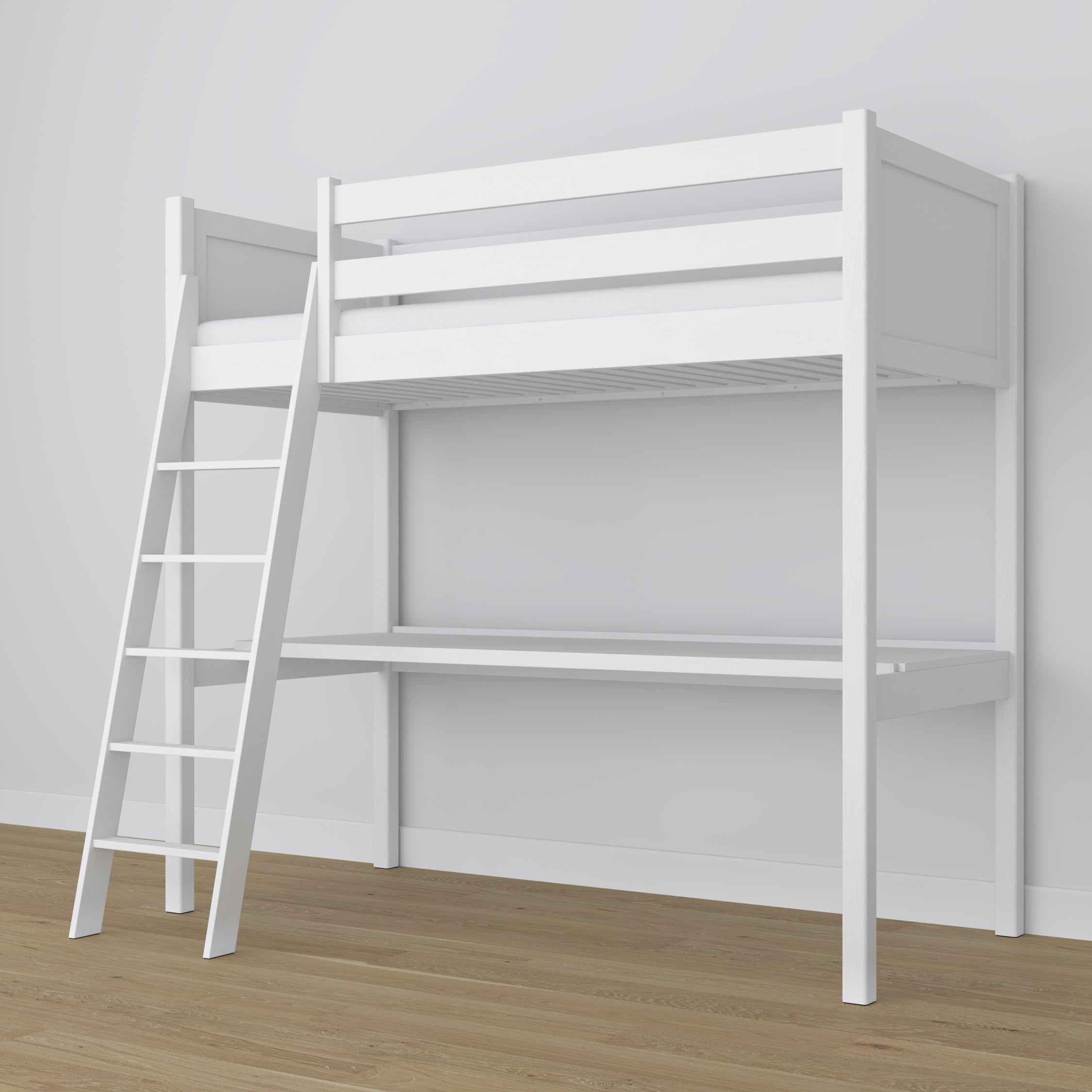 Letto a soppalco con scrivania in legno bianco – scala e sponda di protezione