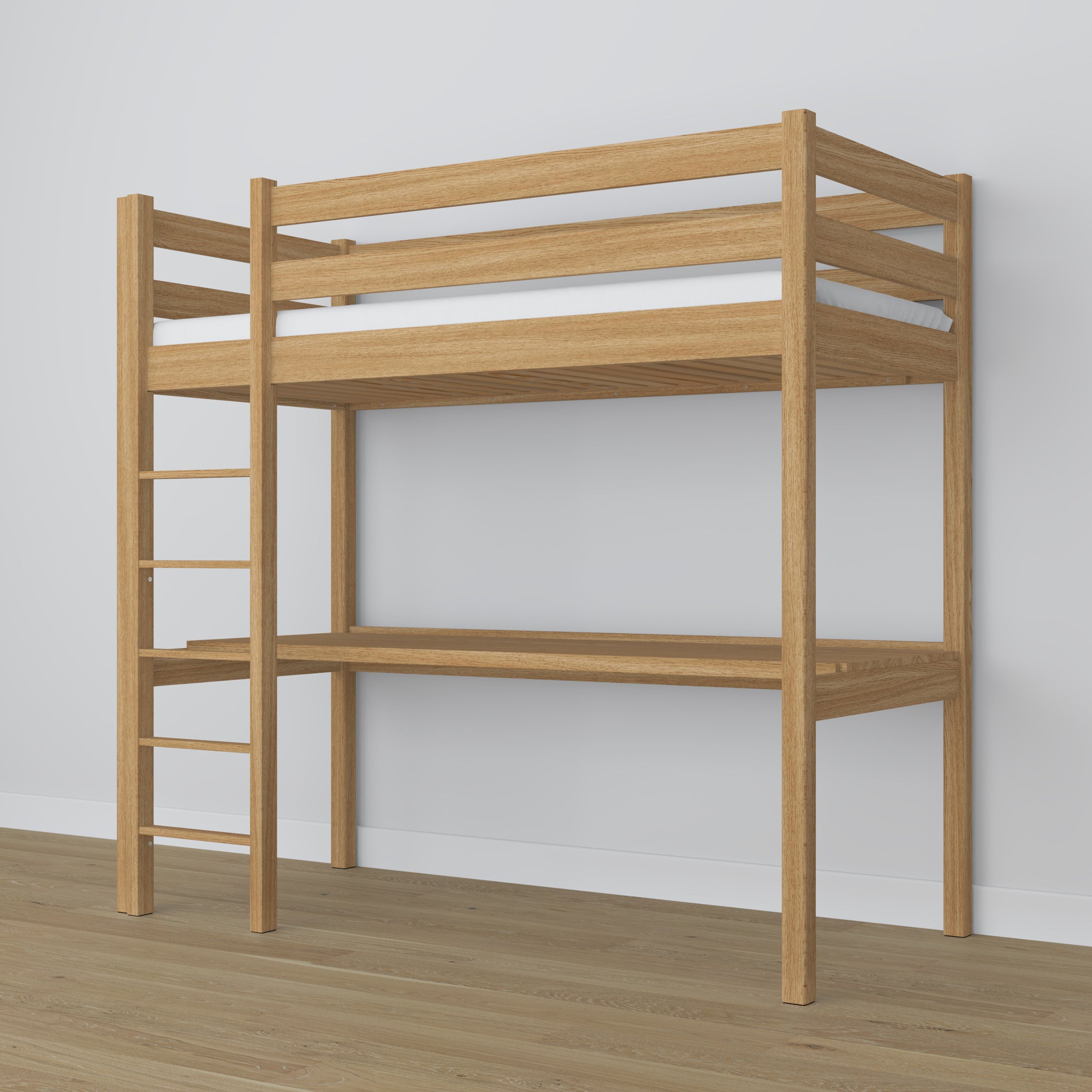 Loft bed natural oak – oak desk under the sleeping area, scandi children’s room