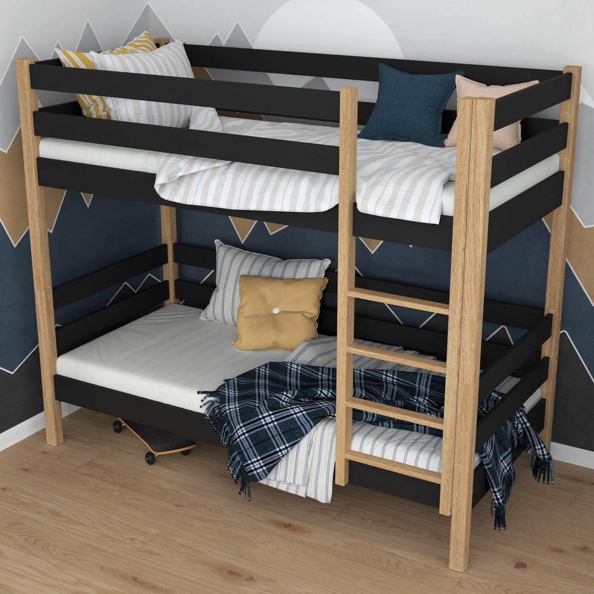 Black and Oak Bunk Bed in Children’s Room – Scandi Arrangement, Wooden