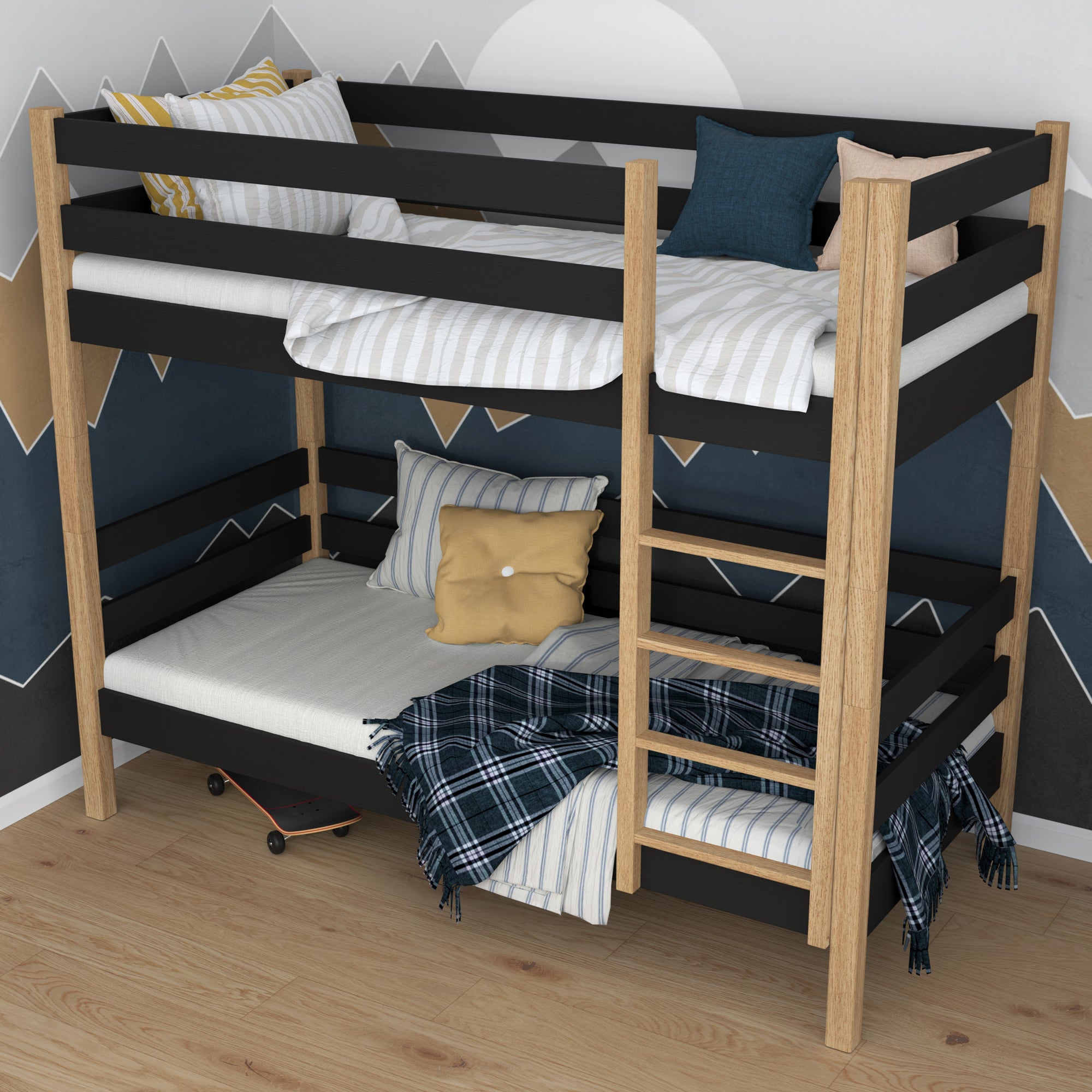 Black and Oak Bunk Bed in Children’s Room – Scandi Arrangement, Wooden