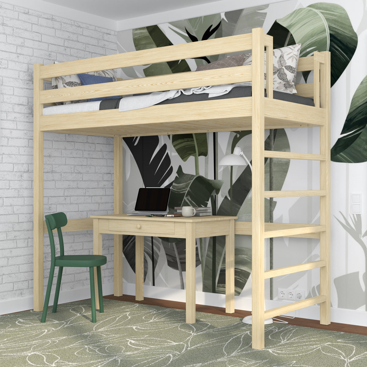 Letto a soppalco pino trasparente in nella cameretta dei bambini – allestimento scandi, in legno