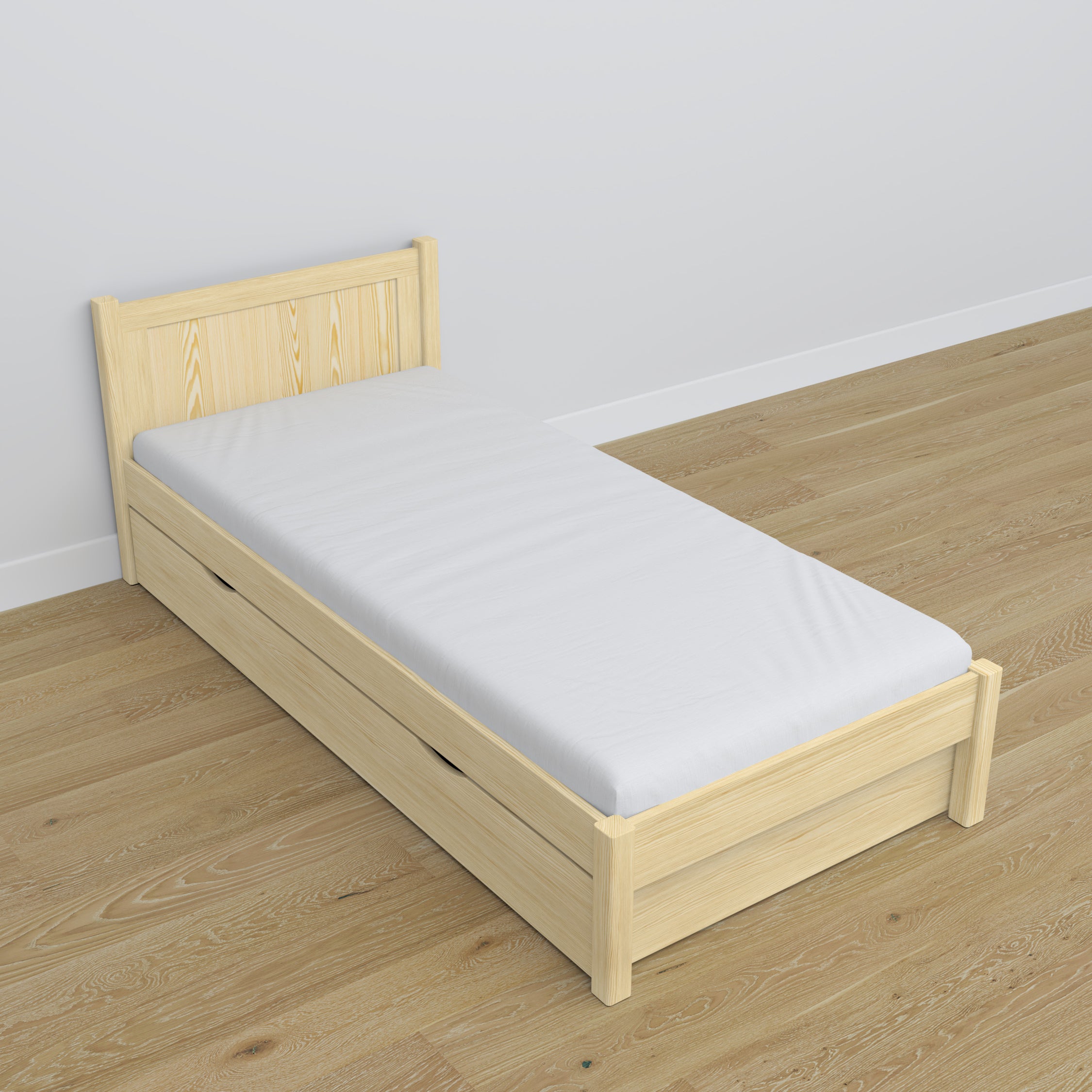 Letto pino trasparente con cassetto – guide e dettagli in legno, Nizio