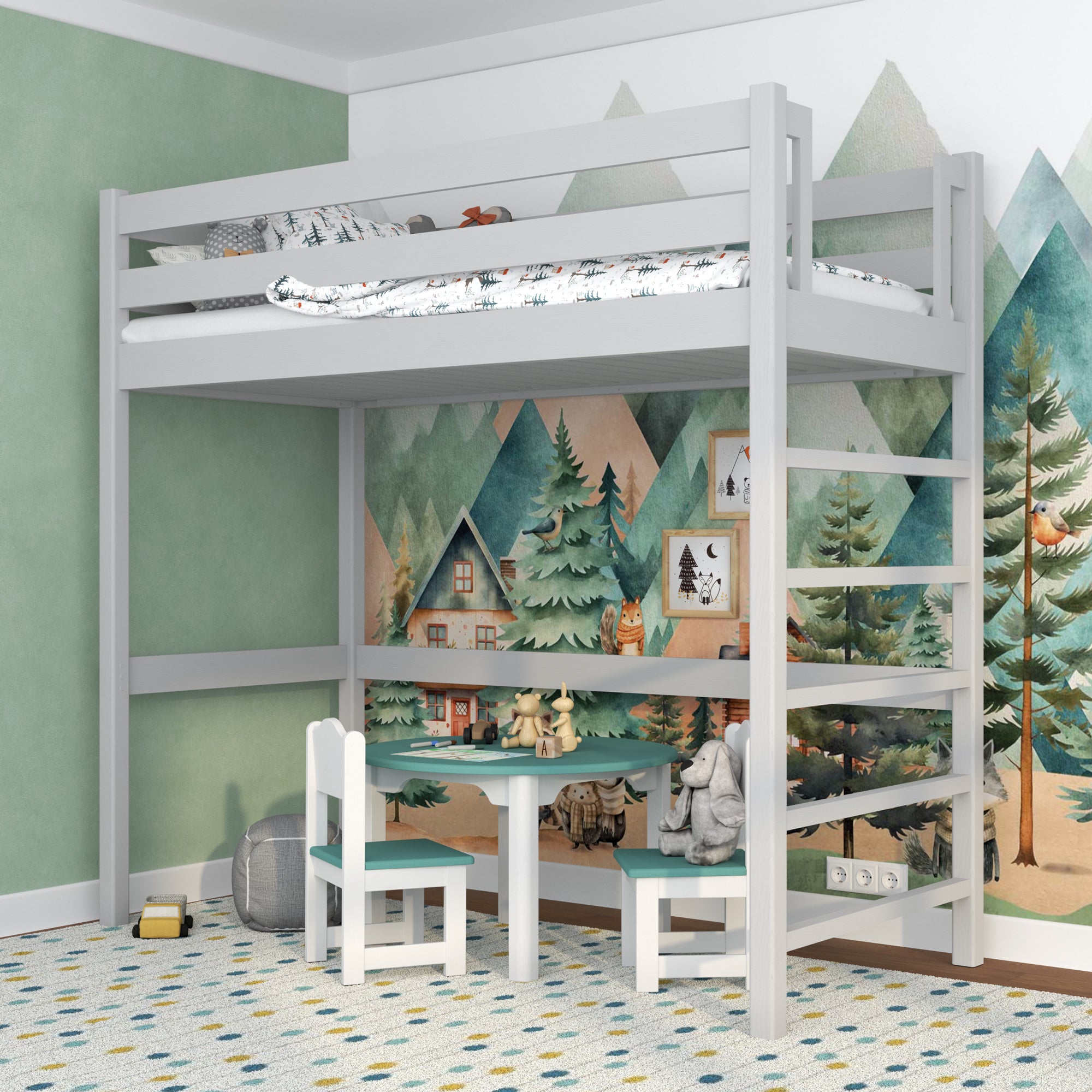 Loft bed grey in children’s room – scandi arrangement, wooden