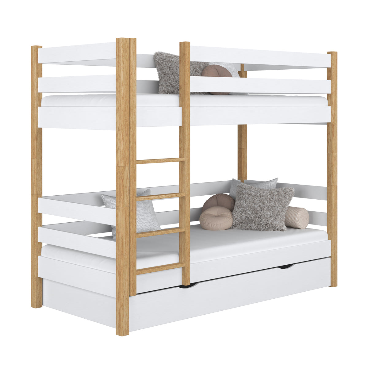 Letto a castello con cassetto in legno bianco-quercia – stanza per bambini, legno massello, scandi
