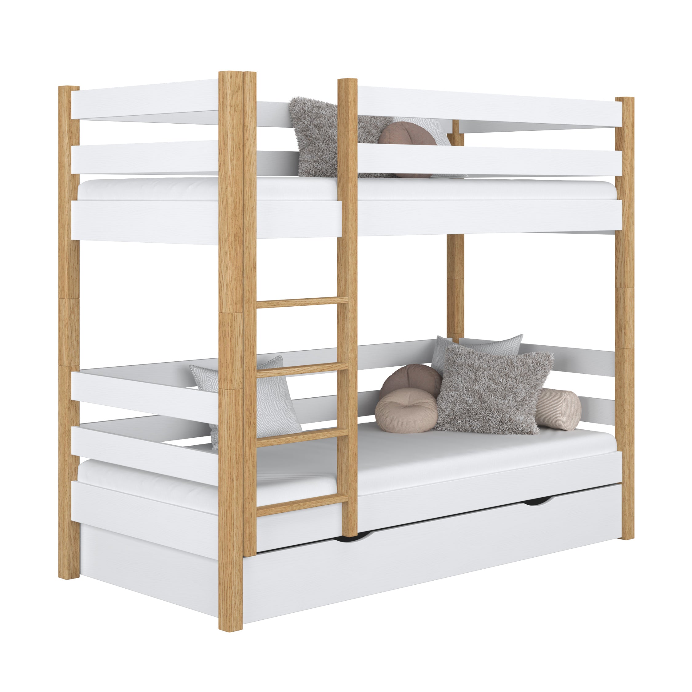 Letto a castello con cassetto in legno bianco-quercia – stanza per bambini, legno massello, scandi