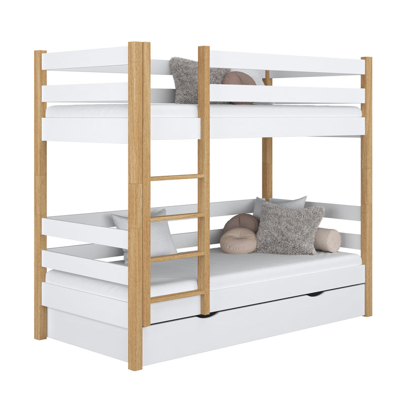 Letto a castello con cassetto in legno bianco-quercia – stanza per bambini, legno massello, scandi