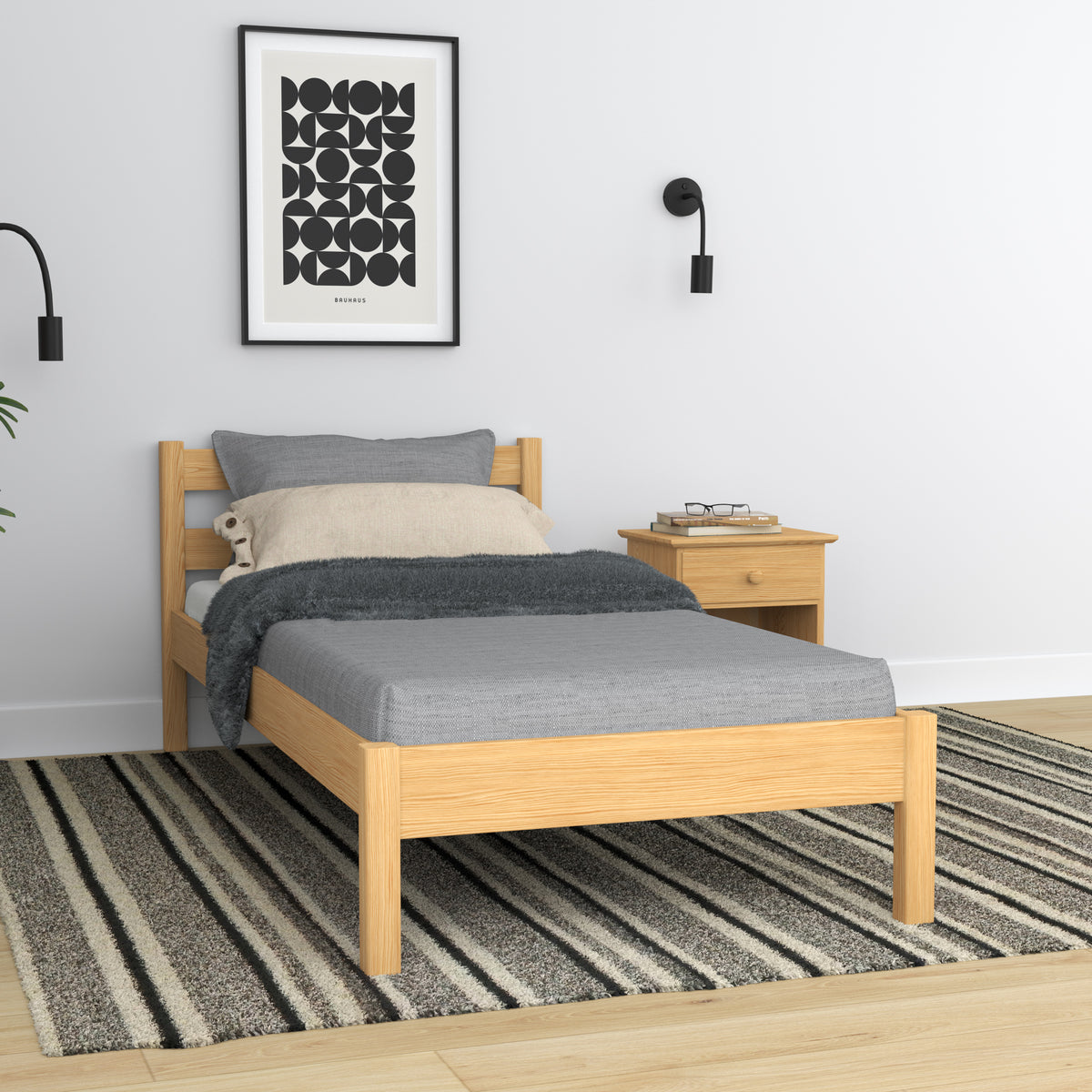 Natural pine bed – wooden headboard, close-up of wood quality, Nizio