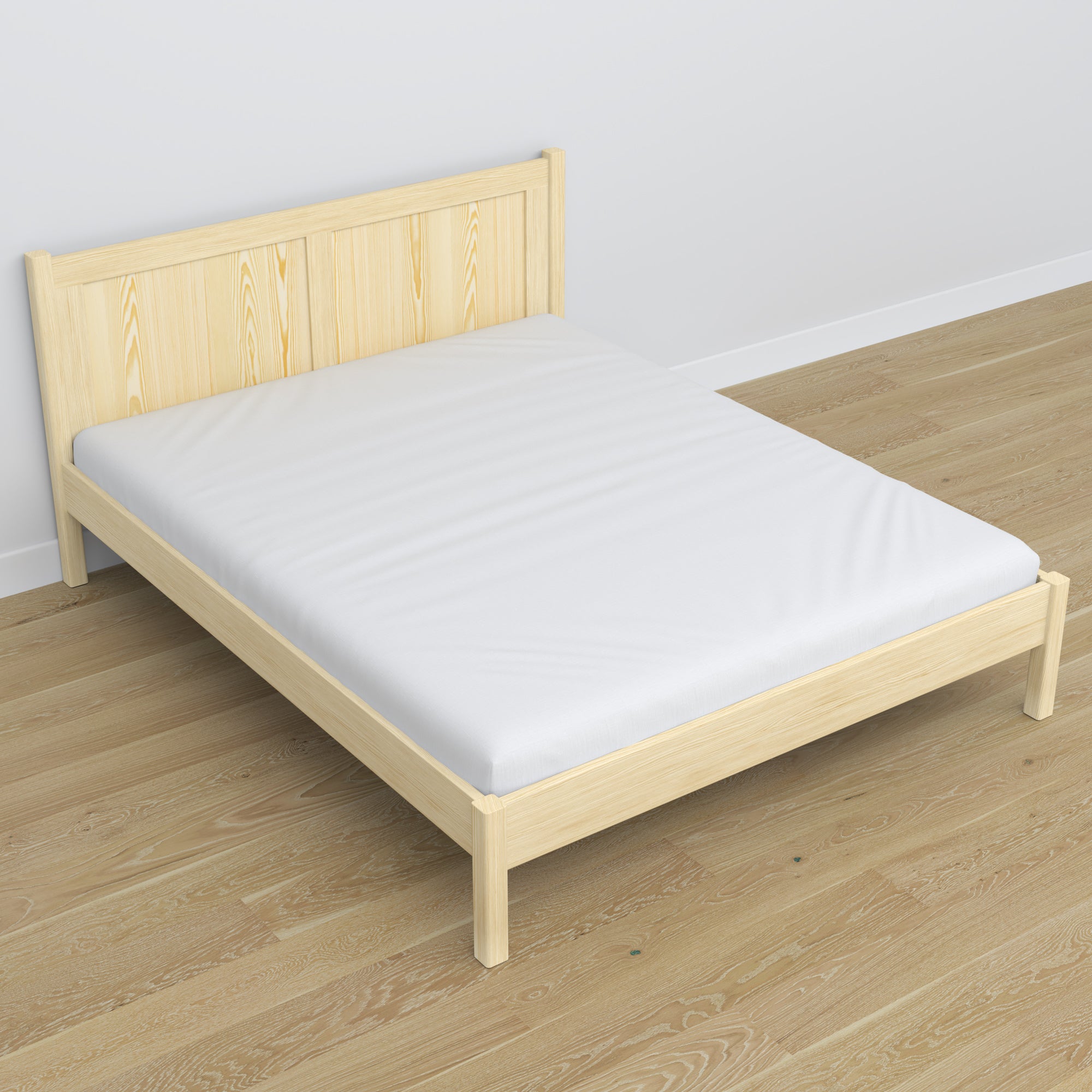 Double bed clear pine in bedroom – bedding arrangement with bedding, scandi style