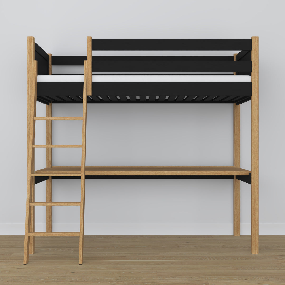 Loft bed black/oak with desk – study space under the sleeping area, wooden