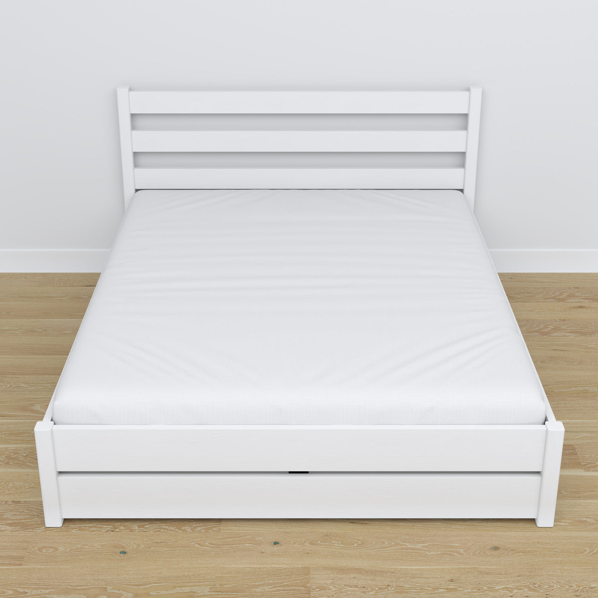 Letto matrimoniale con cassetto in legno bianco – vista diagonale, camera da letto scandi