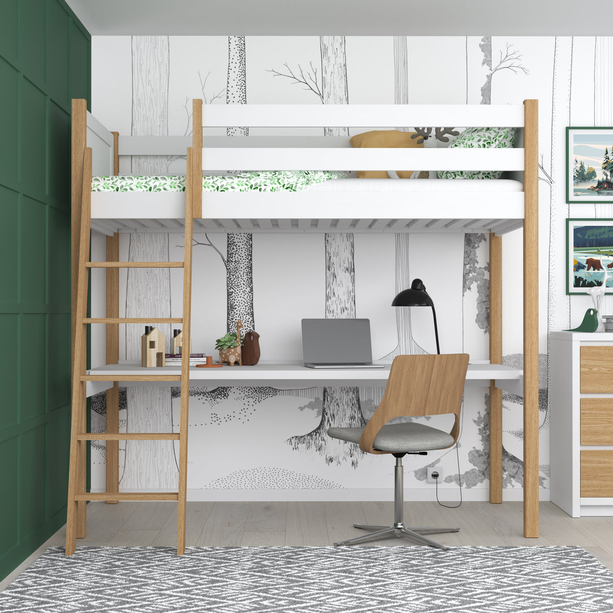 Letto a soppalco bianco-quercia con scrivania – spazio studio sotto il letto, in legno