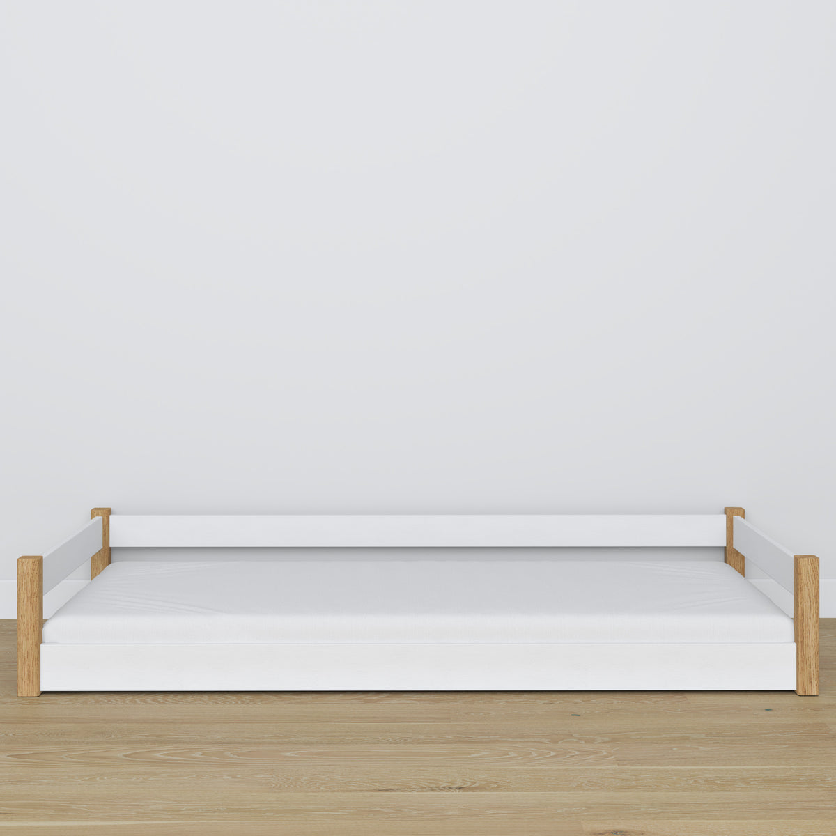 Low Bed Wooden White and Oak – Angled View, Bedroom