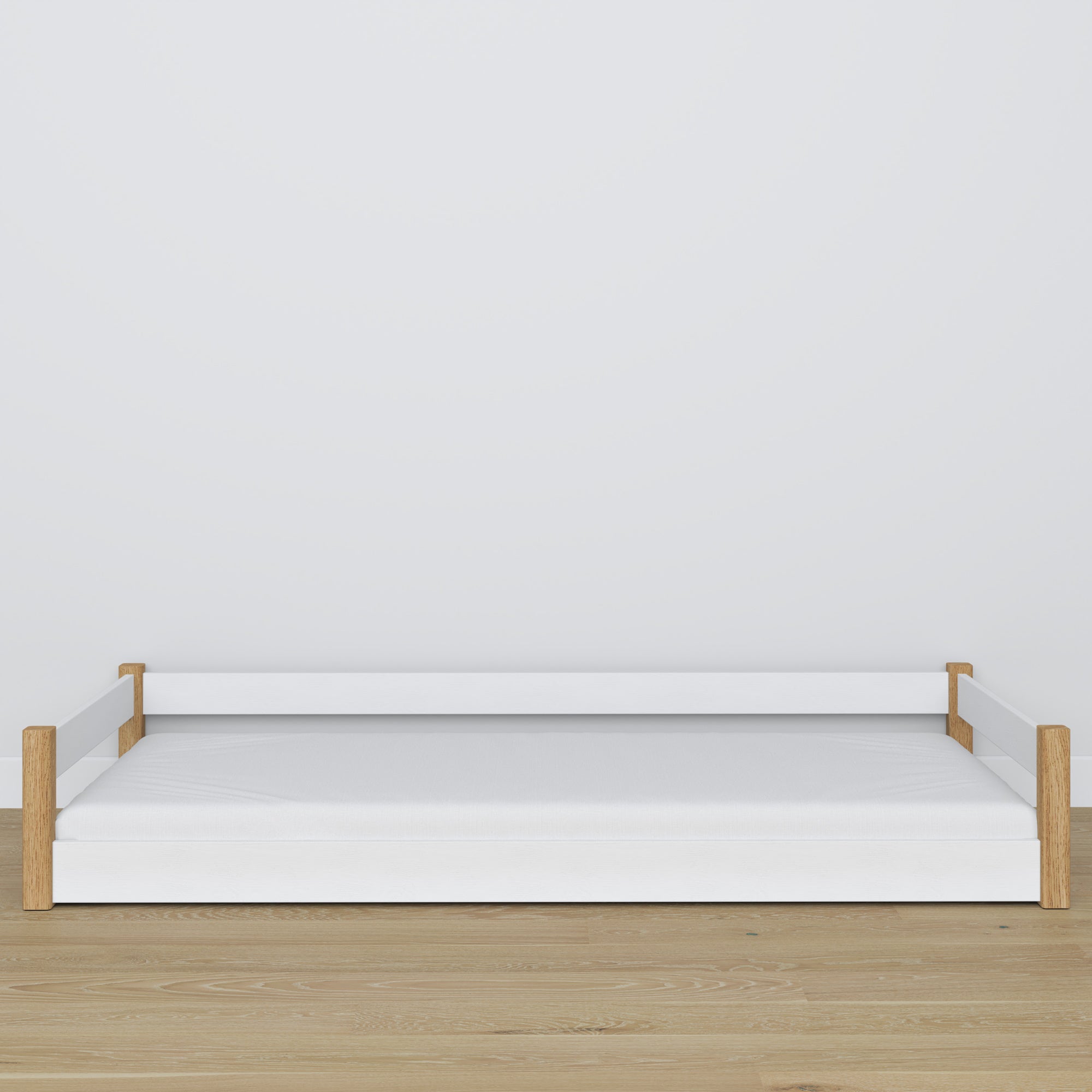 Low Bed Wooden White and Oak – Angled View, Bedroom