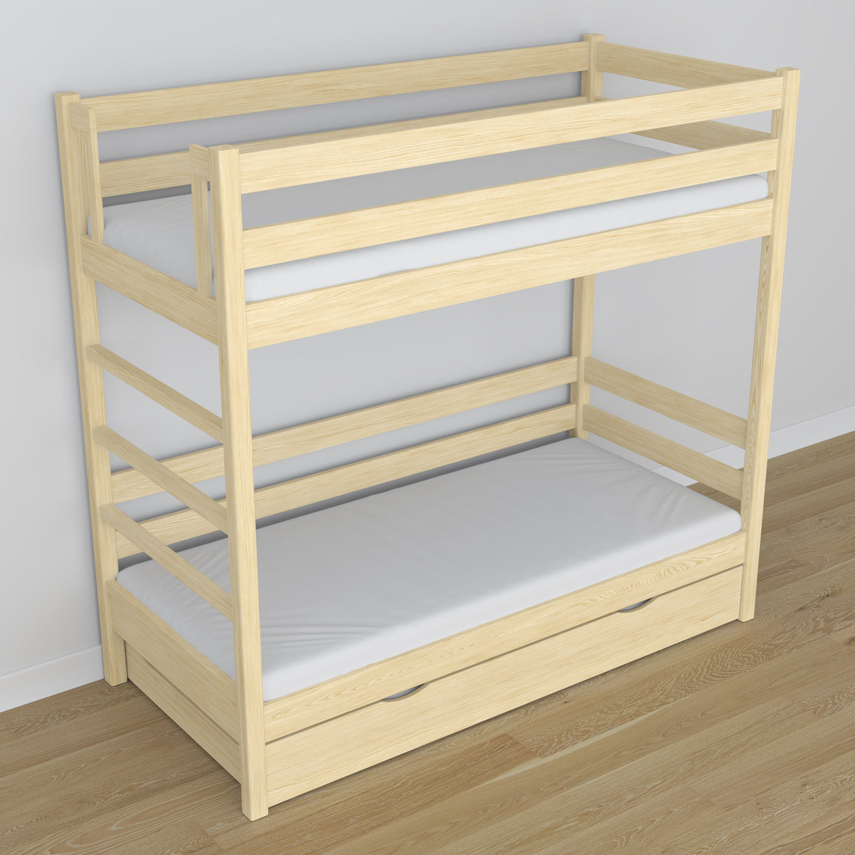 Clear Pine Wooden Bunk Bed – Interior of Mattress Drawer, Children’s Room