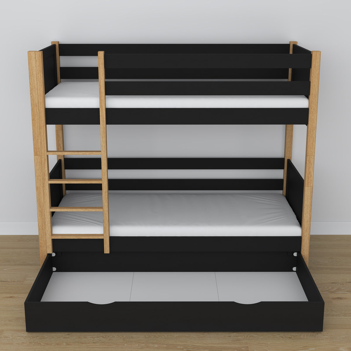 Black and Oak Wooden Bunk Bed with Drawer – Dimensions and Diagram, Nizio