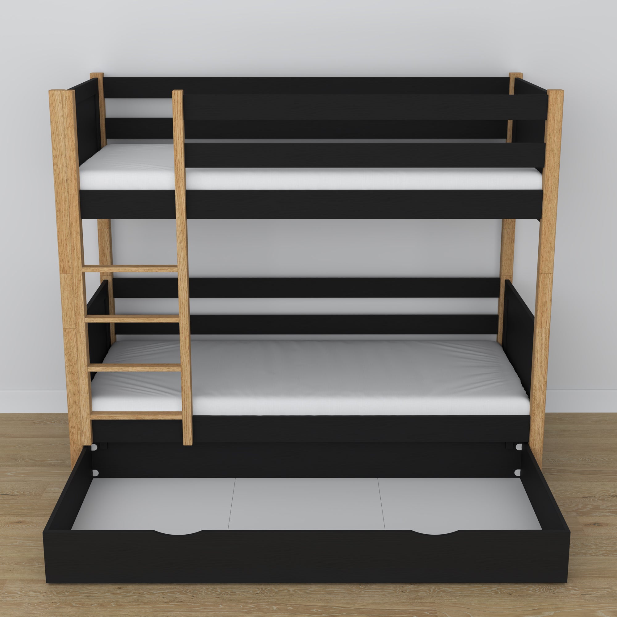 Black and Oak Wooden Bunk Bed with Drawer – Dimensions and Diagram, Nizio