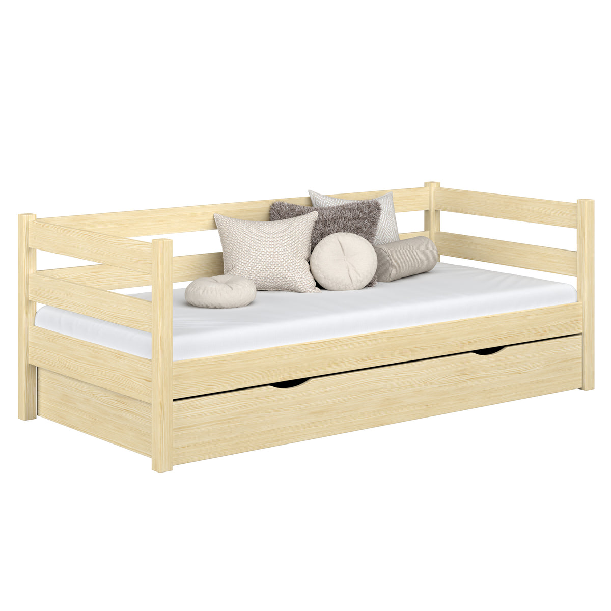 Sofa bed wooden clear pine – open drawer, bedding storage