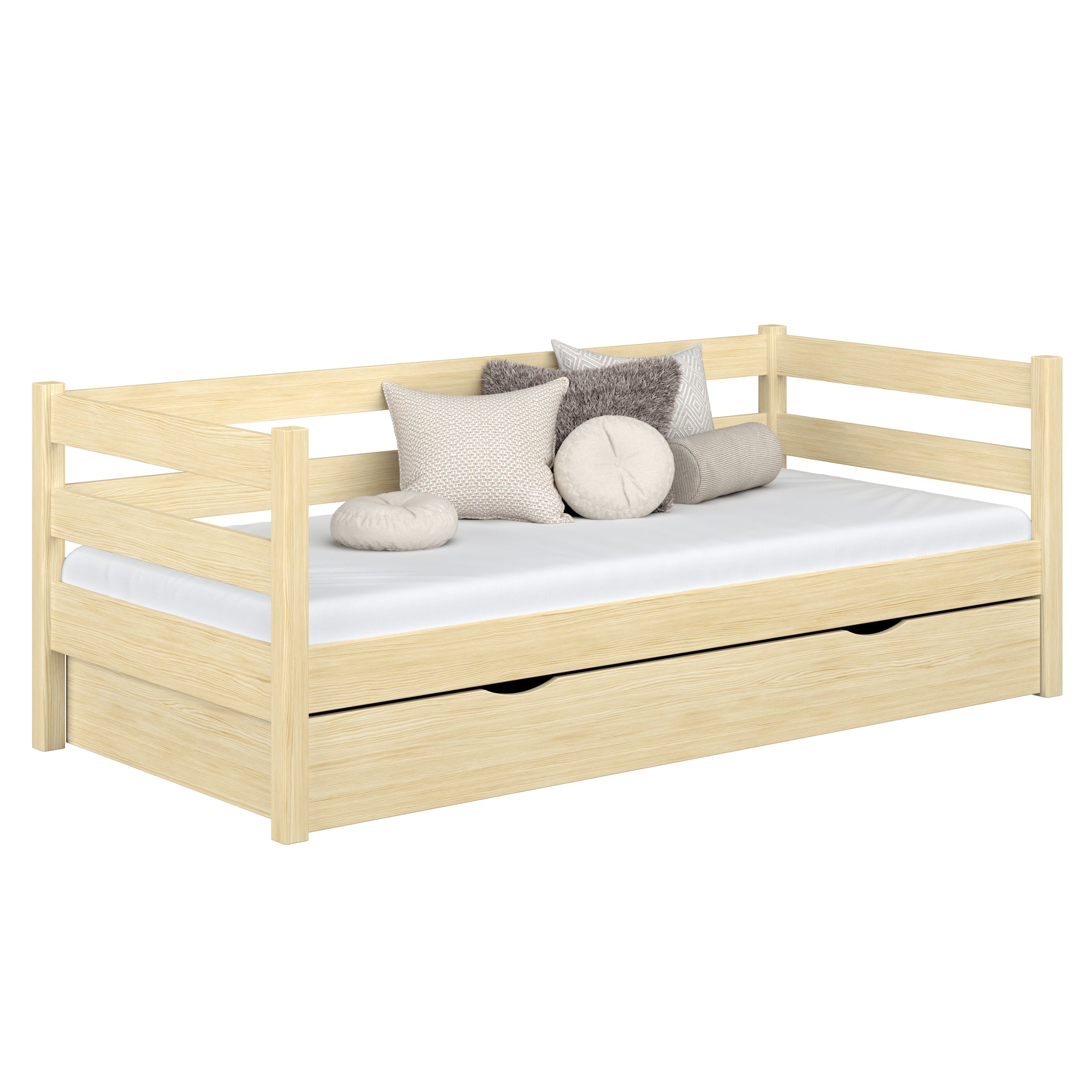 Sofa bed wooden clear pine – open drawer, bedding storage