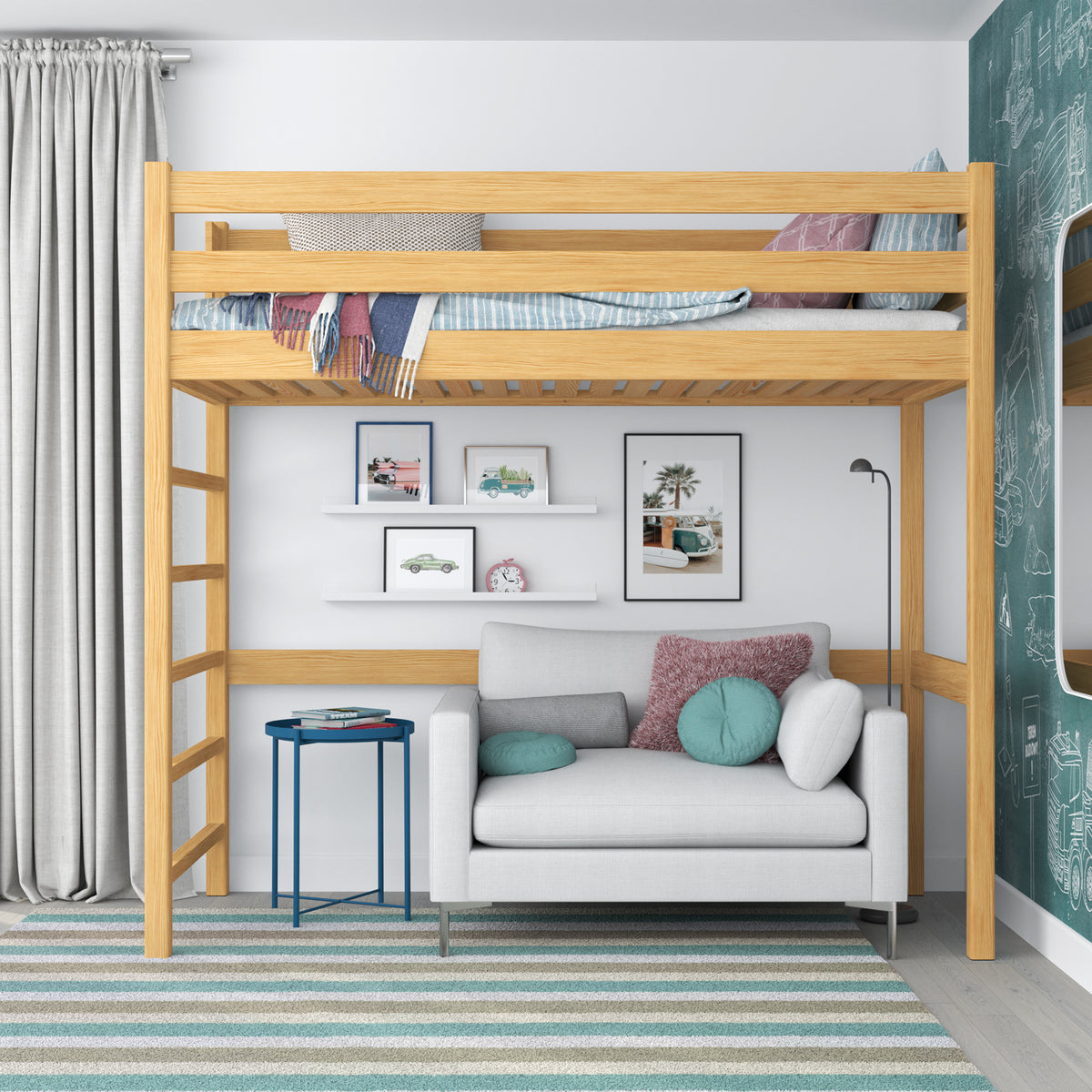 Loft bed natural pine – wooden ladder and safety rail, Nizio Home