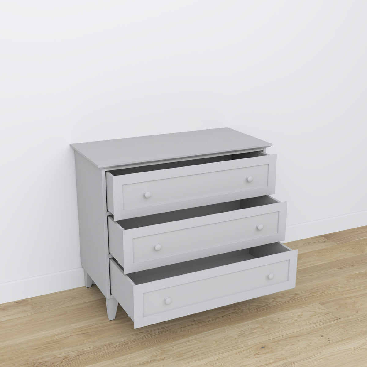 Cassettiera 3S in legno grigio – cassetti aperto, capiente ambiente vani