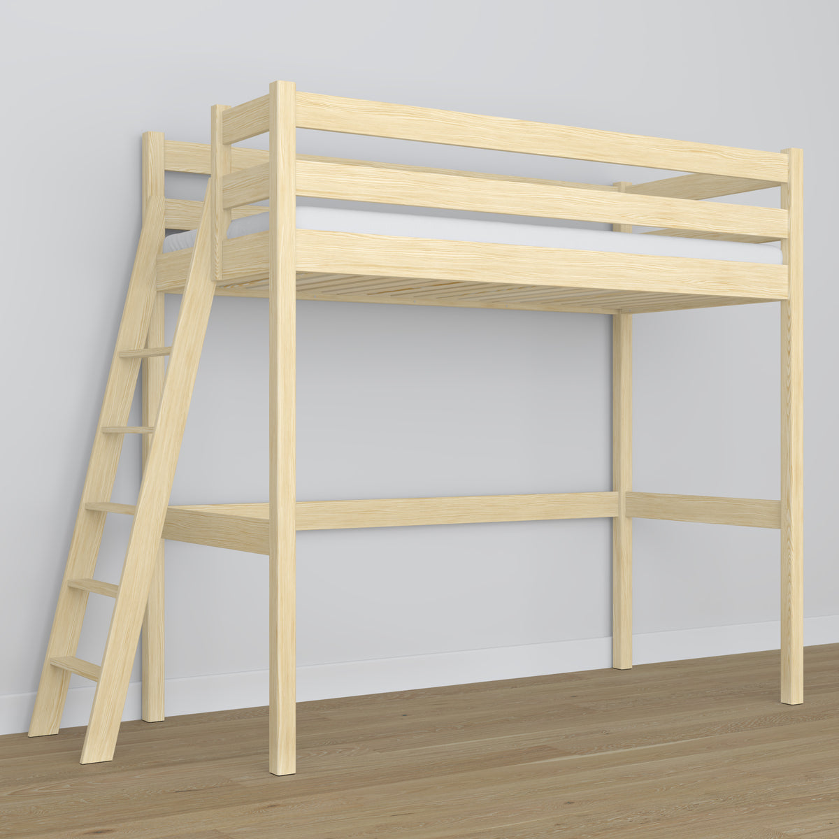 Letto a soppalco in legno pino trasparente – dettaglio giunzioni e scala, Nizio Home