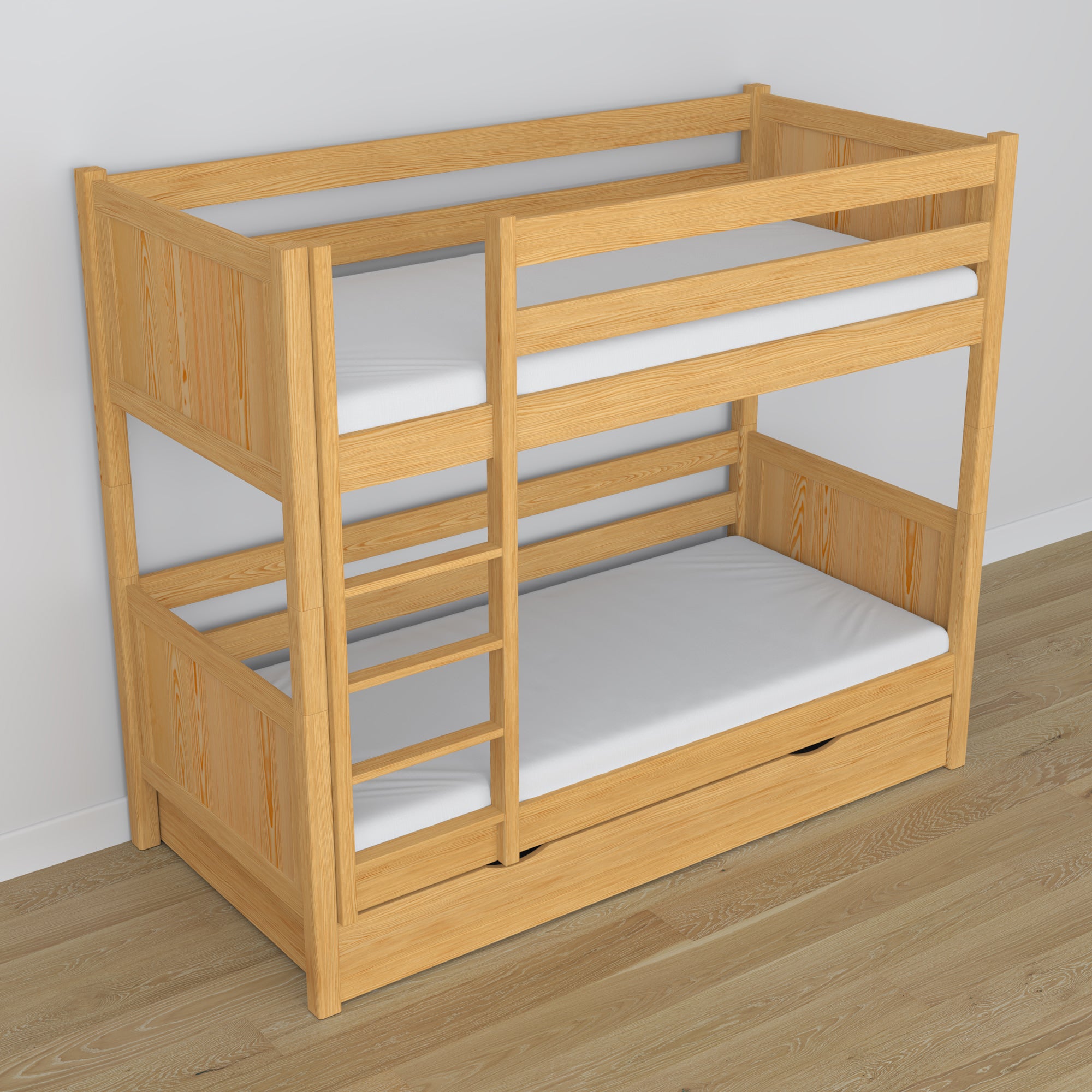 Letto a castello in legno pino naturale – cassetto aperto, capiente vano sotto letto