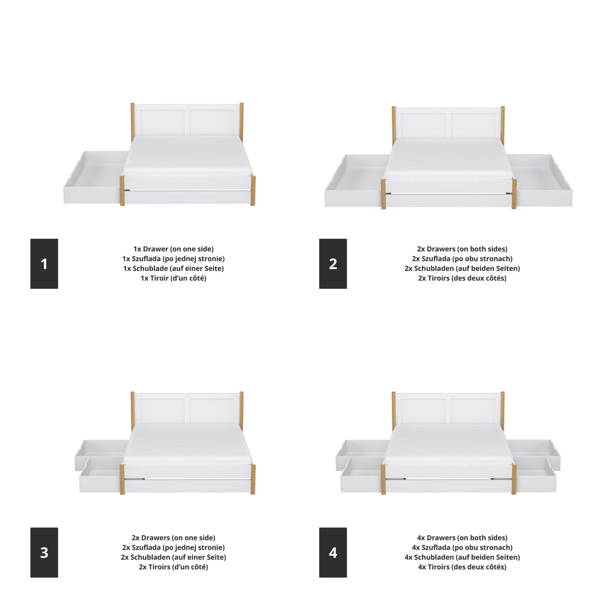 Letto matrimoniale bianco con quercia con cassetto in camera da letto – allestimento scandinava
