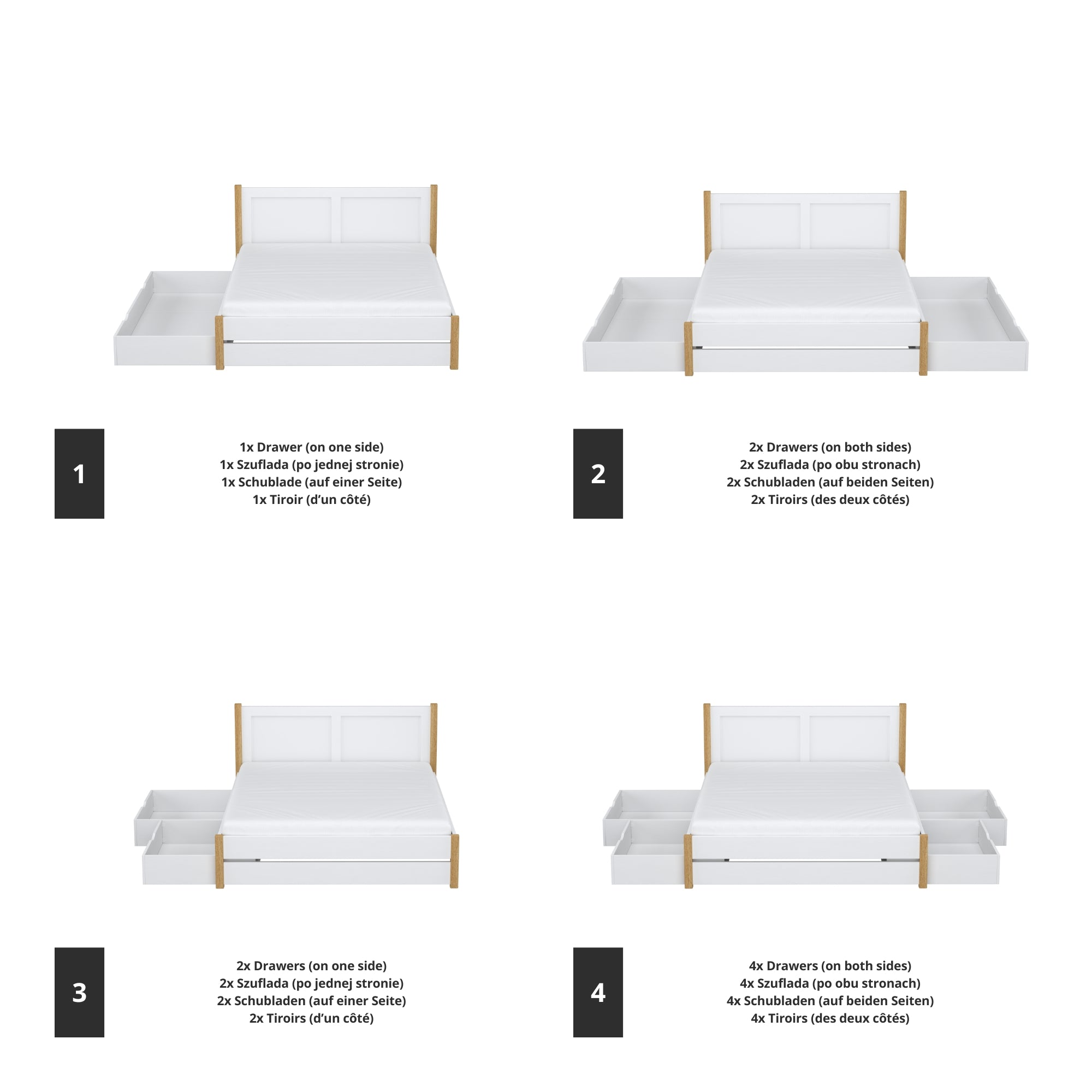 Letto matrimoniale bianco con quercia con cassetto in camera da letto – allestimento scandinava