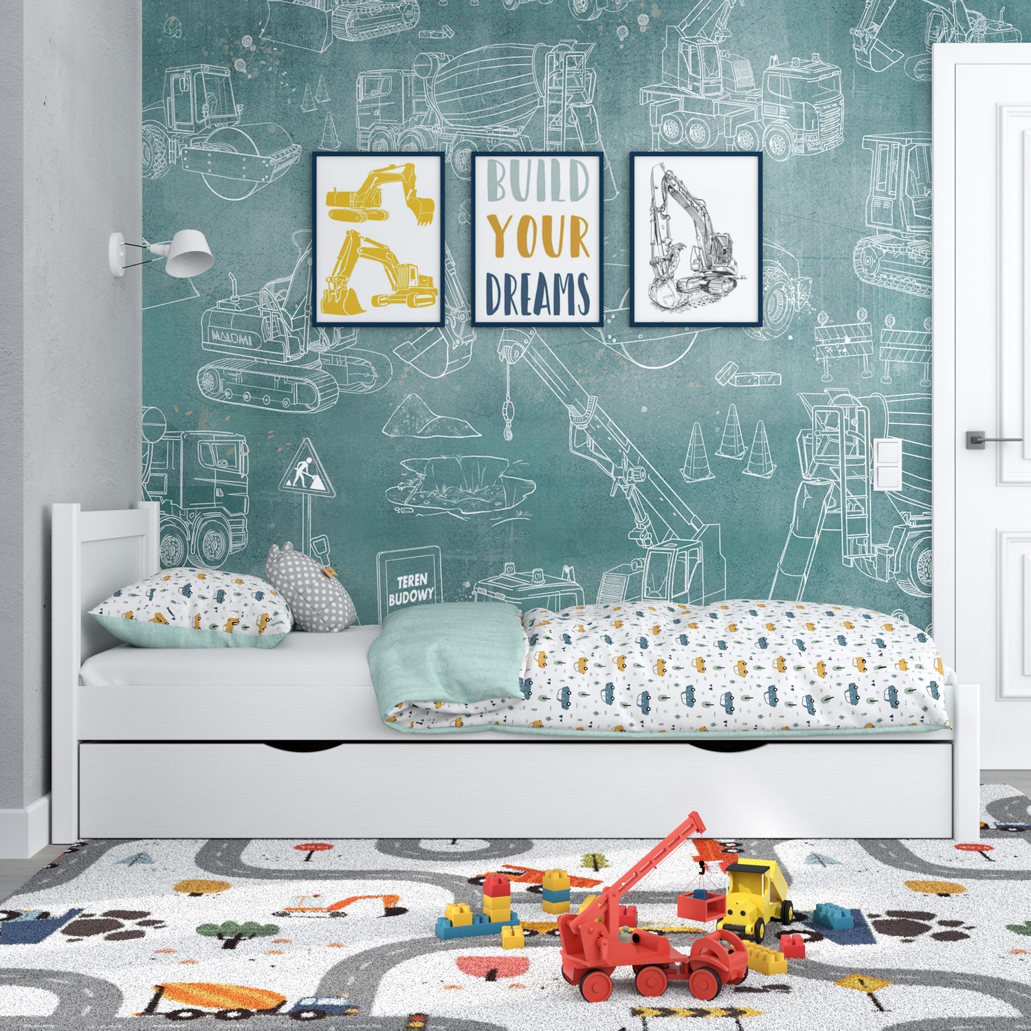 Letto bianco con cassetto – vista laterale, in legno, Nizio Home