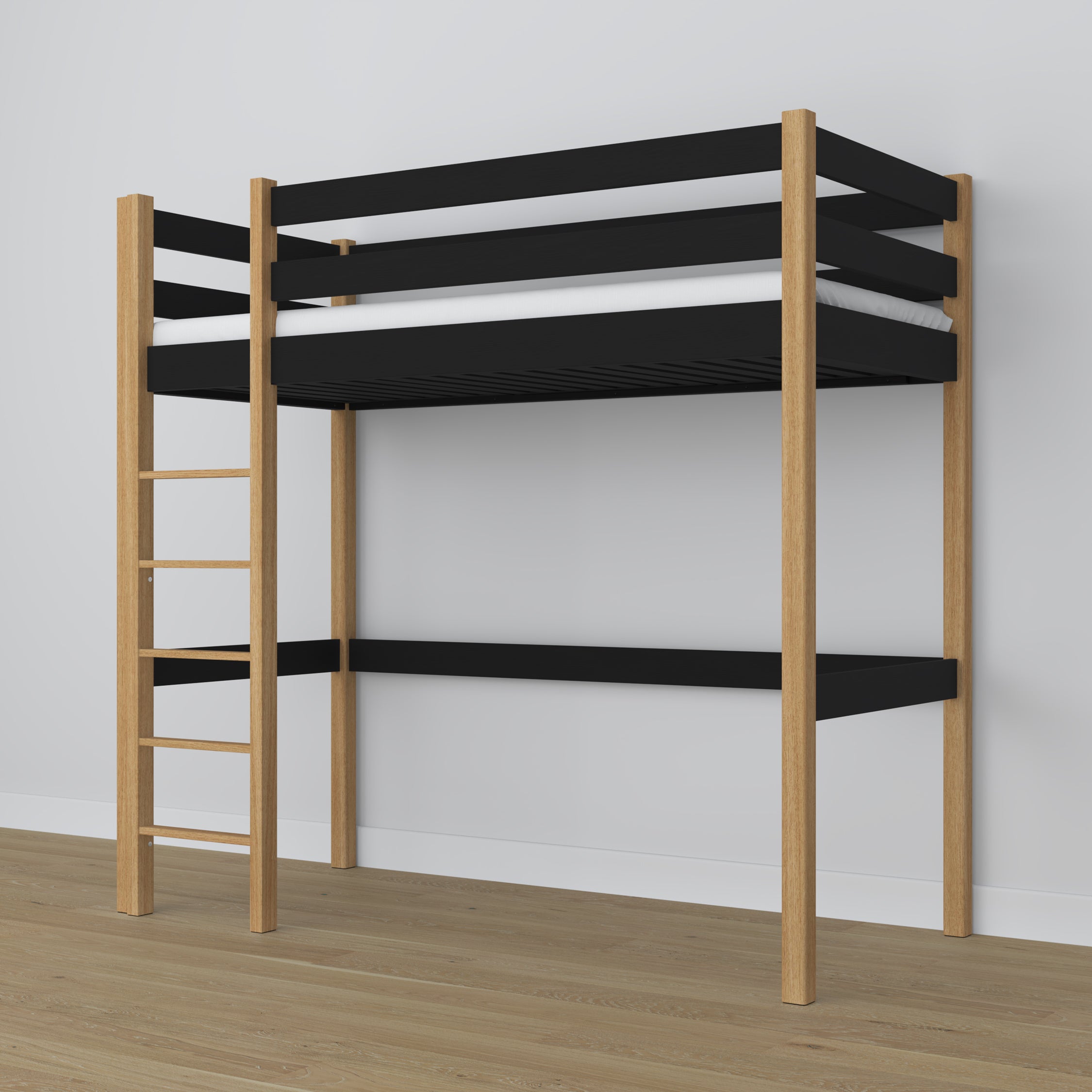 Loft bed black/oak wooden – top view of the sleeping area