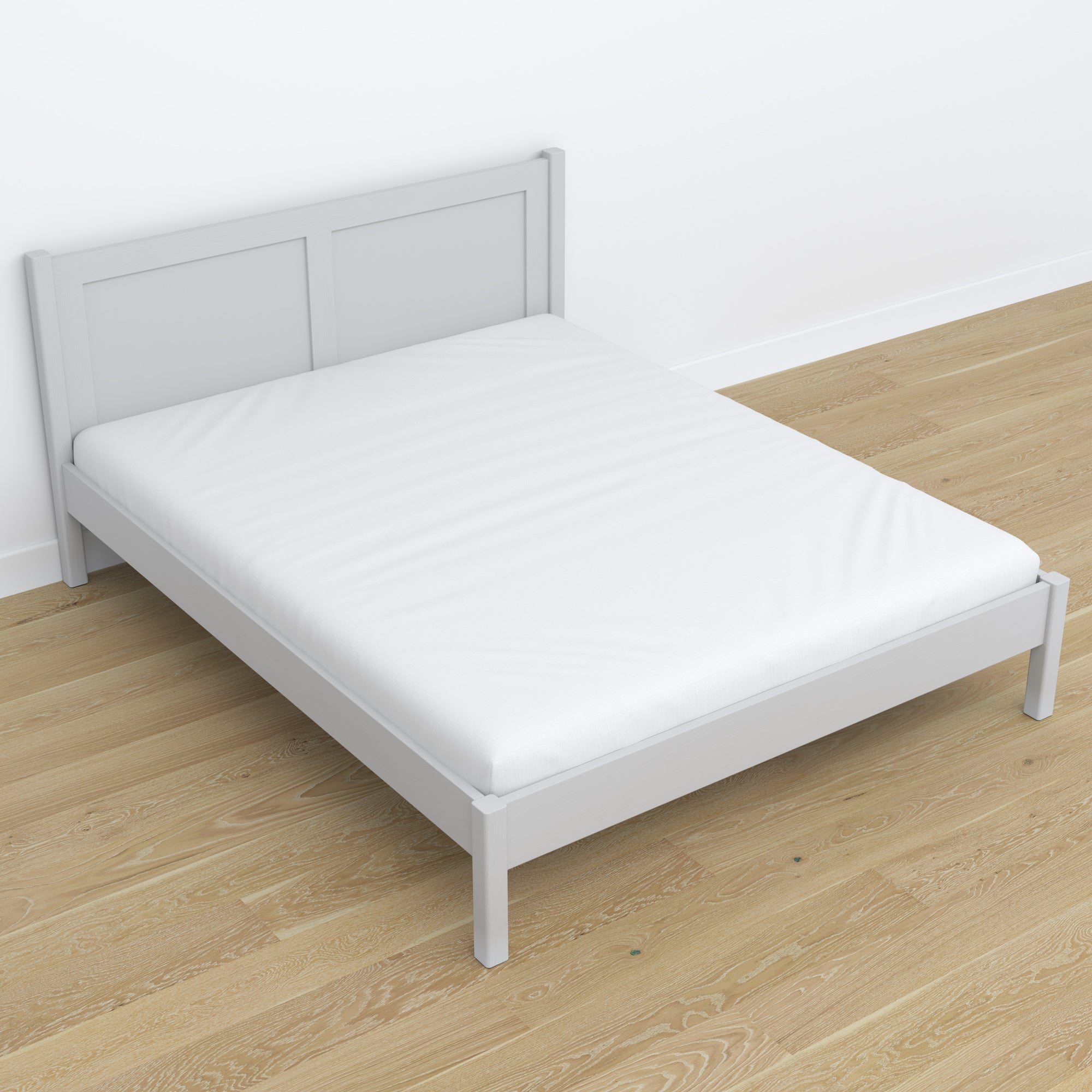 Letto matrimoniale grigio in camera da letto – allestimento con biancheria, stile scandi