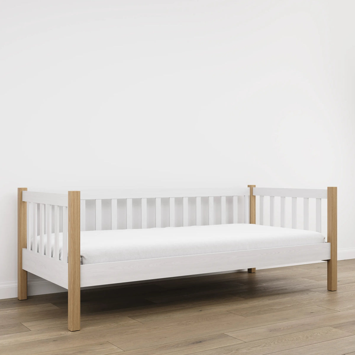 Letto divano bianco con quercia – laterale sponda in legno, sicurezza per bambini