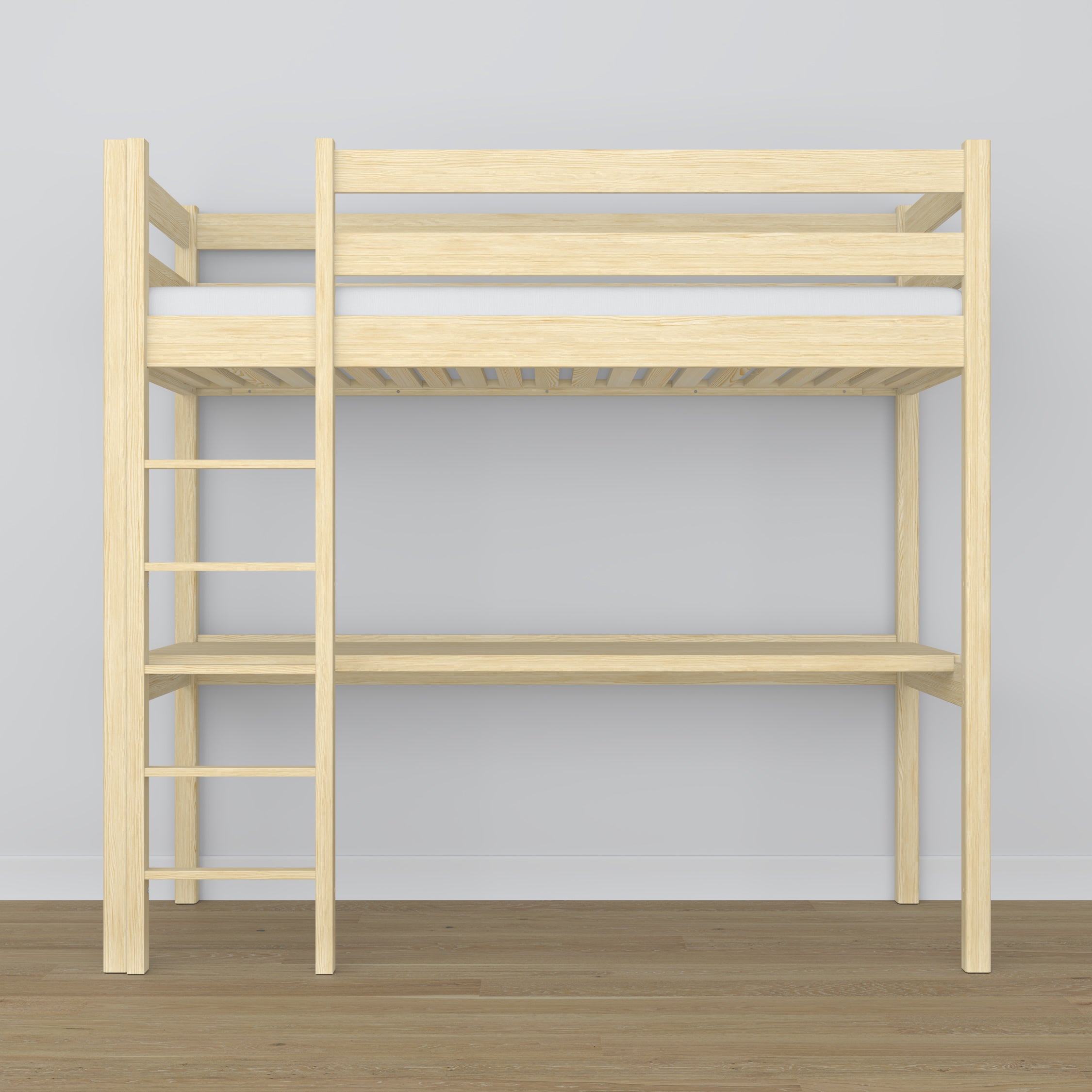 Loft bed clear pine with desk – study space under the sleeping area, wooden