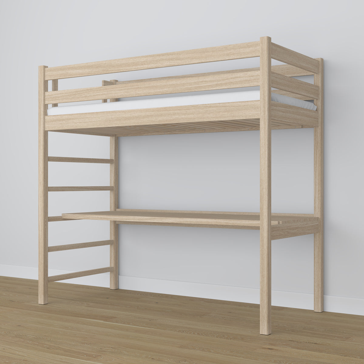 Letto a soppalco in rovere sbiancata con scrivania – struttura e doghe, Nizio
