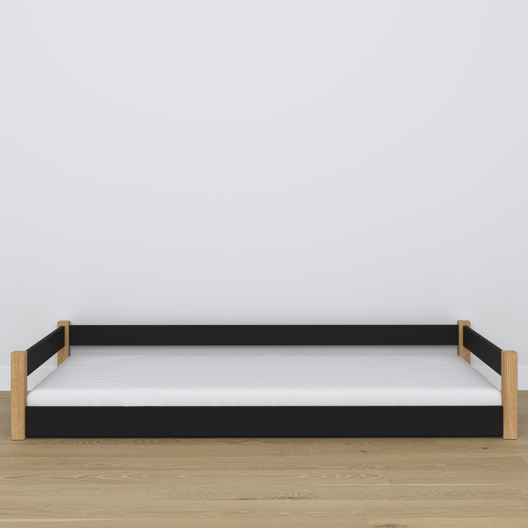 Low Bed Wooden Black and Oak – Low Frame, Side View, Scandi Bedroom