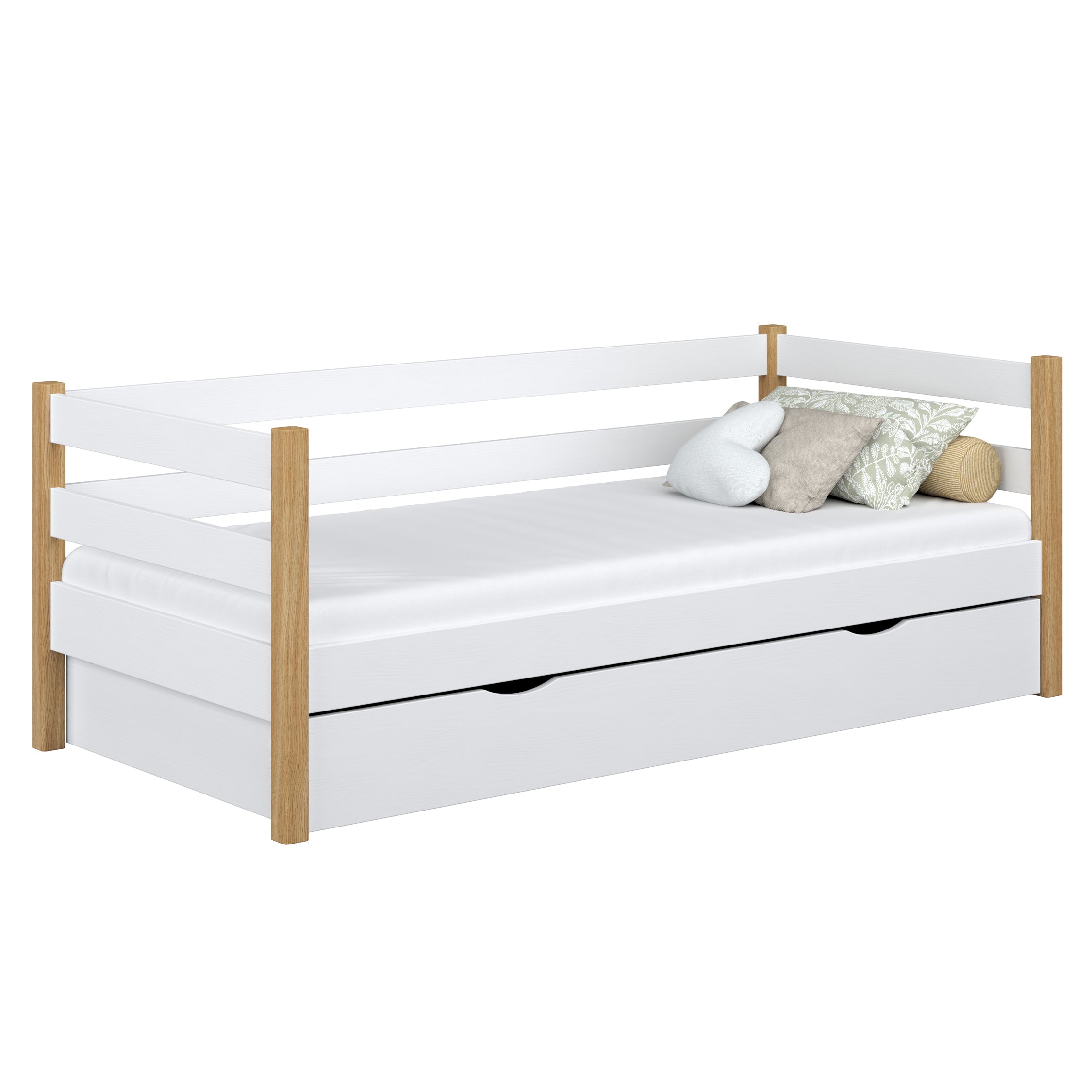 Łóżko sofa biało-dębowy – boczna bariera drewniane, widok boczny, Nizio